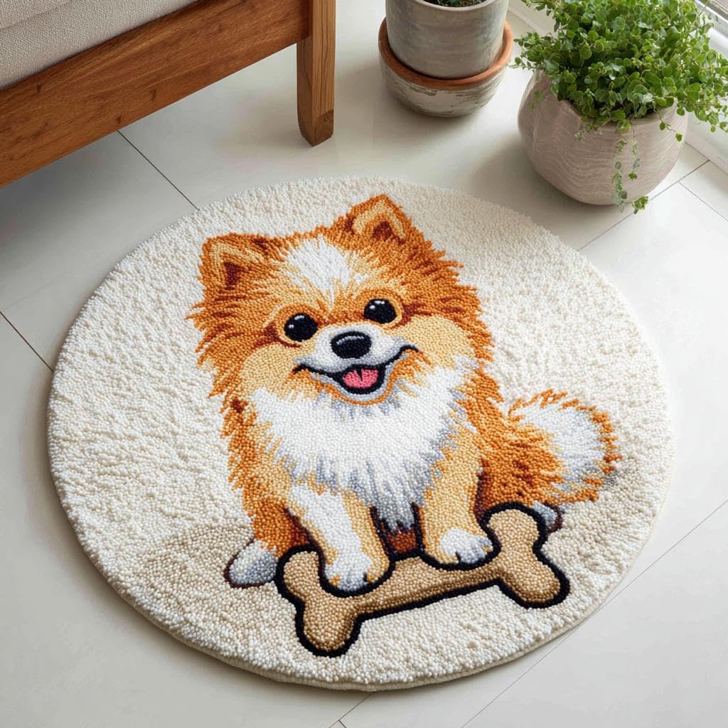DIY Latch Hook Rug Kit Pomeranian Dog Puppy and Bone Round Carpet with Pattern 50x50cm Yarn Hooking Crochet Mat Home Floor Mat Decor