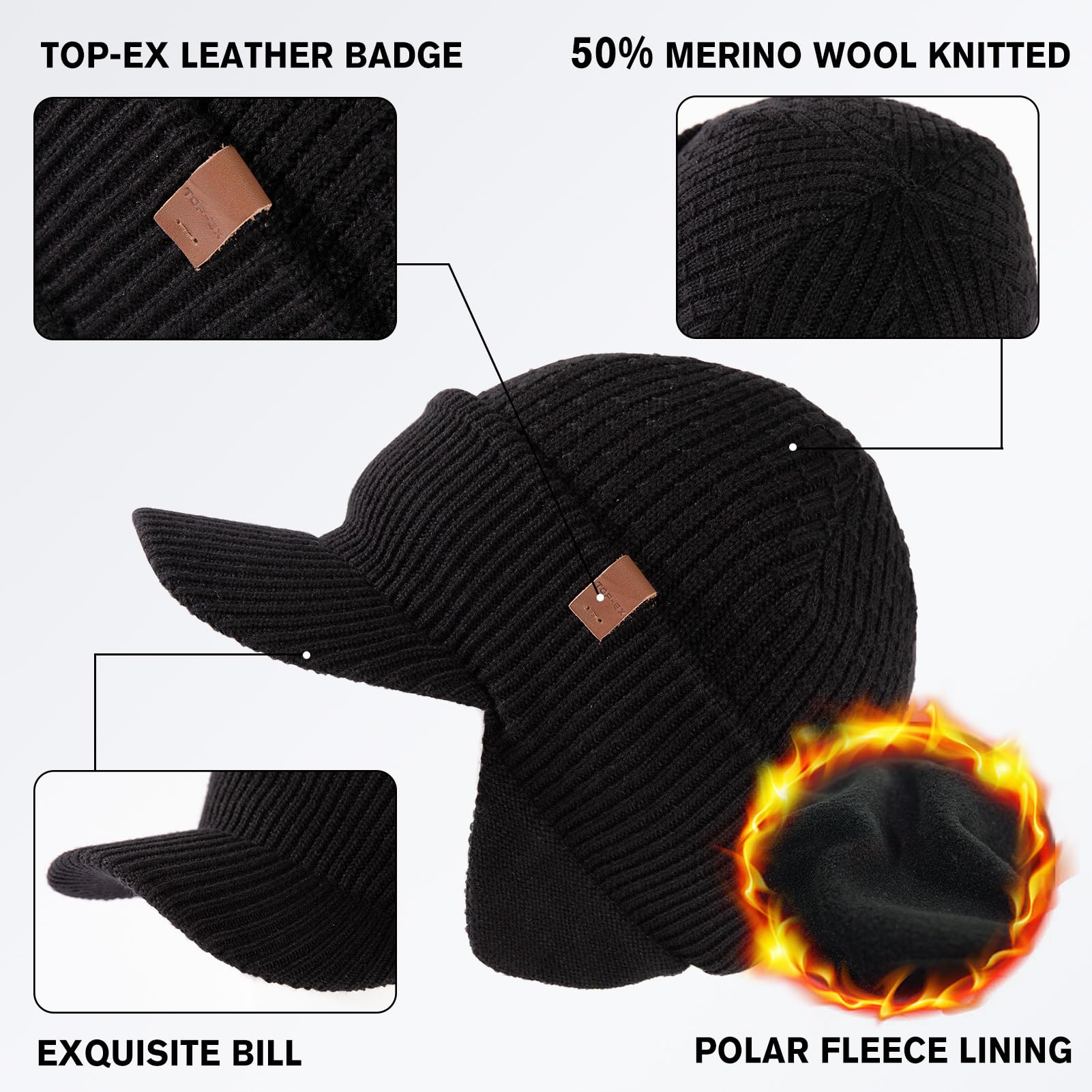 TOP-EX DryKnit™ Waterproof 50% Merino Wool Peaked Beanie Hat with Ear Flaps Winter Warm Fleece Lined Cold Weather Hats