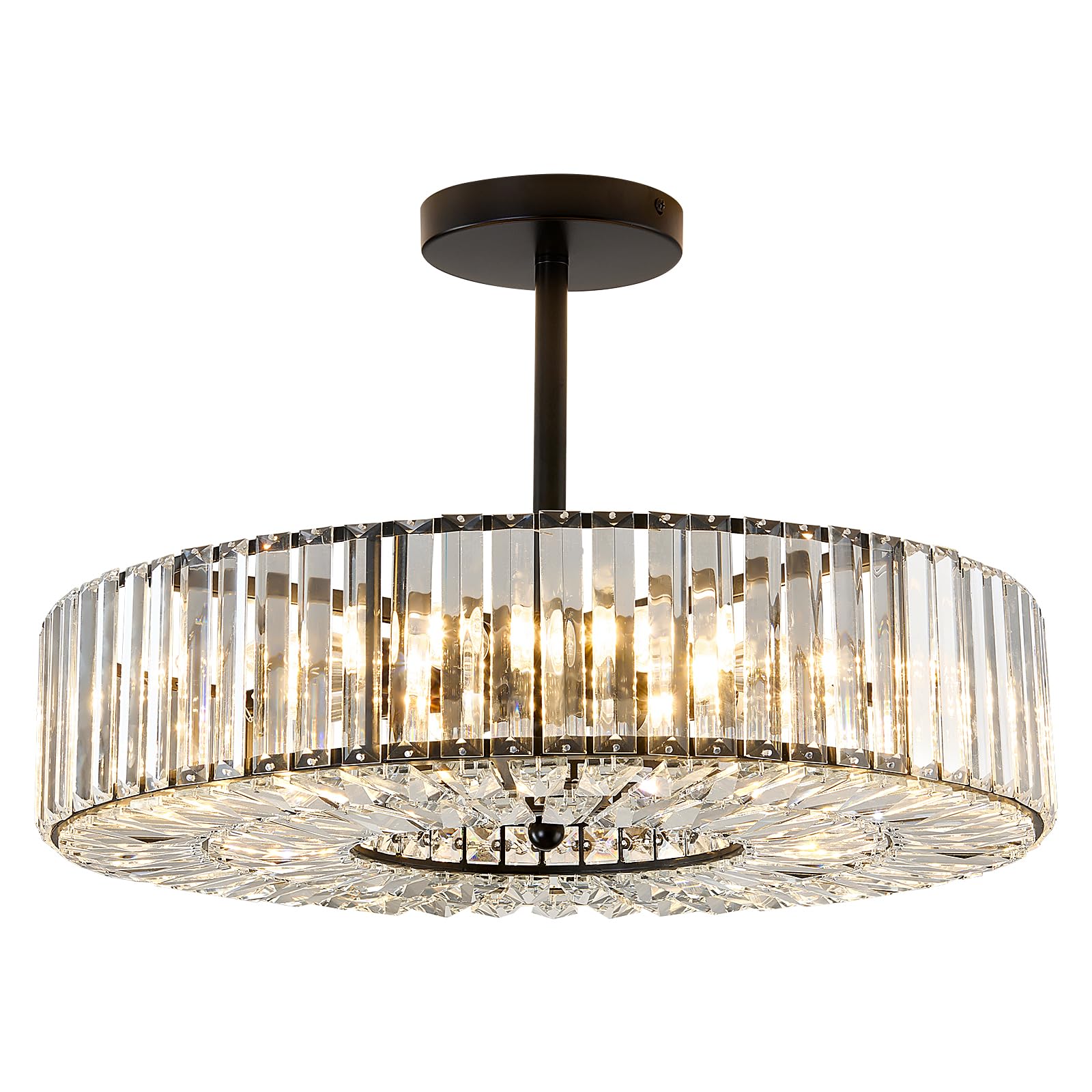Image of Piepooye 8 Lights Modern Large Crystal Chandelier Black Round Semi Flush Mount Ceiling Light Fixture Farmhouse Chandelier for Dinning Room Living Room Bedroom Hallway Entryway Kitchen
