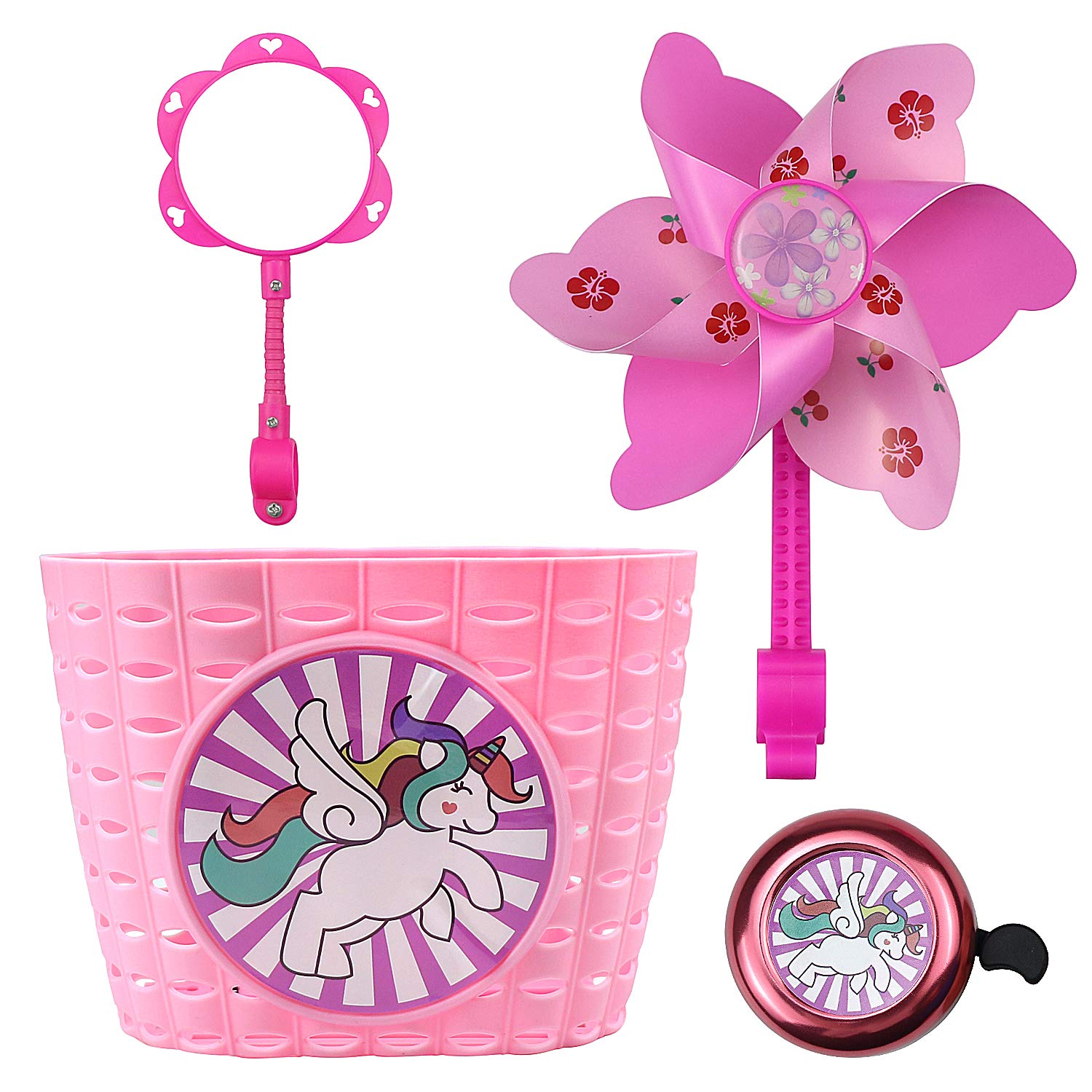 Youfeel Bicycle Decorations Set Including Cartoon Unicorn Pink Basket, Flower Mirror,Bike Bell, Pinwheel and Wheel Spoke Beads Bike Decoration Set for Kid Girls