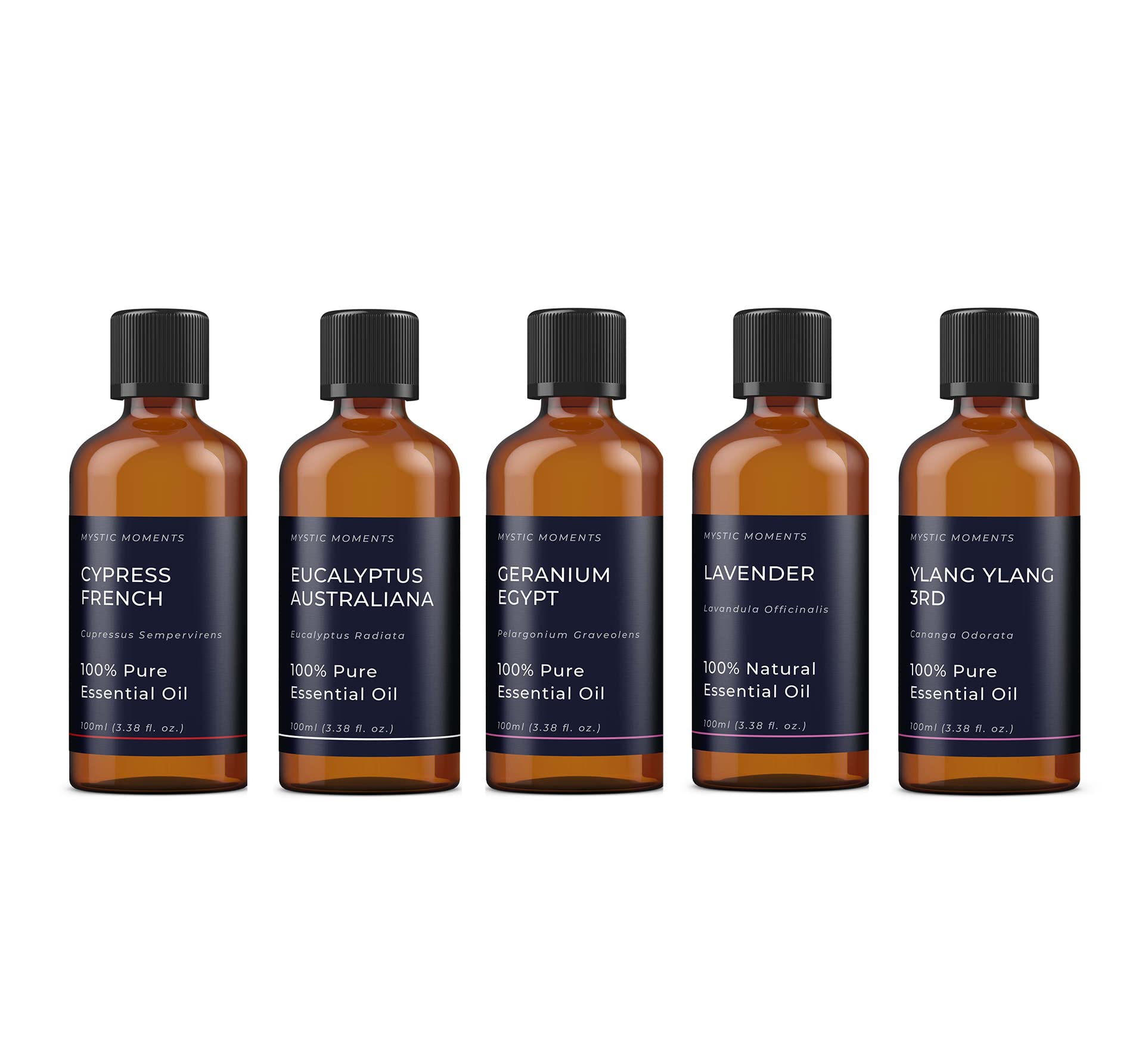 Mystic Moments | Yin Ätherische-Öle Geschenk-Starterset | 5 x 100ml 100% rein Aromatherapieöle | Eucalyptus Australiana, Geranie Egypt, Lavendel, Zypresse French & Ylang Ylang 3rd