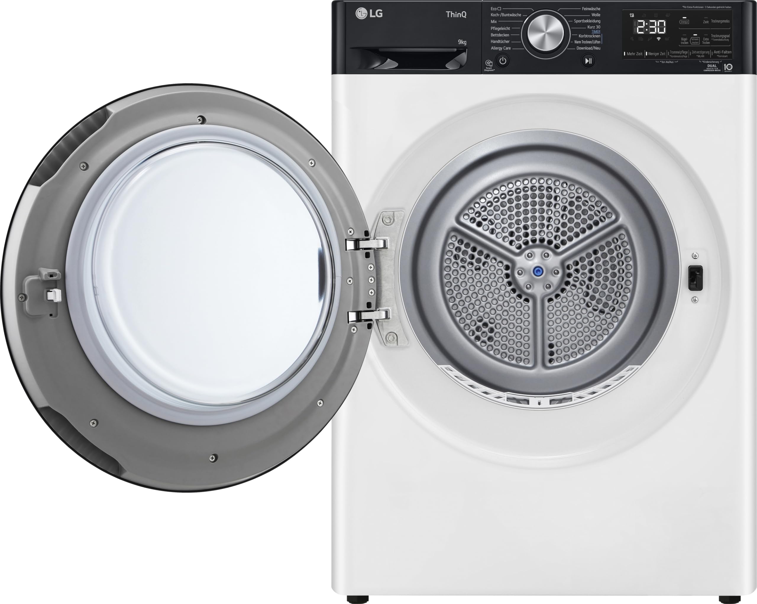 LG RT90V9P Wärmepumpentrockner – 9 kg Kapazität, Dual Inverter Technologie, Automatisch selbstreinigender Kondensator, Sensor Dry, Allergy Care, Reversive Trommel, Smart Diagnosis, ThinQ App, Weiß