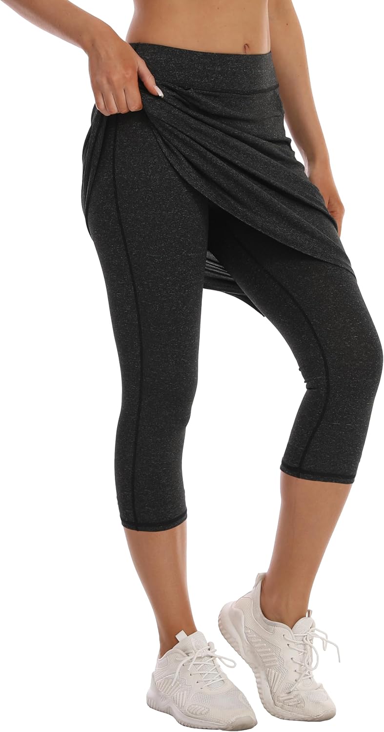 HOKOYI Modest Skirt with Leggings Attached for Women Workout Knee Length Swim Capri Pants with 2 Pockets - Image 3