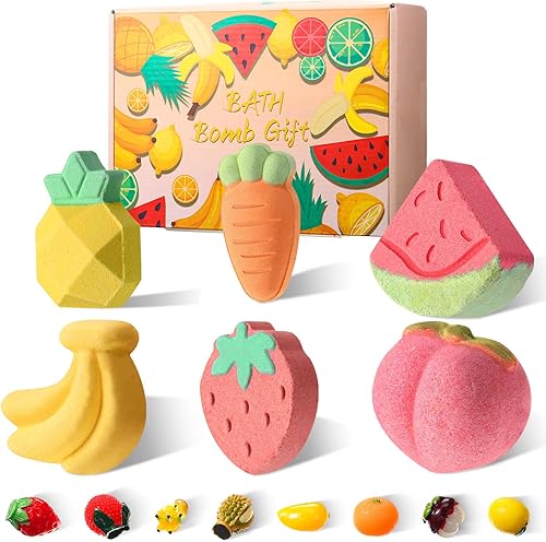Miniatura 8 de Libima Juego de 6 bombas de baño de frutas con 8 juguetes sorpresa en el interior de bombas de baño hechas a mano, juego de regalo de bombas de baño