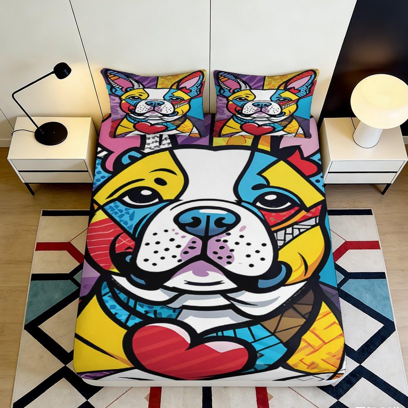 3D Printed Colorful Bulldog Fitted Sheet Microfiber Soft Cartoon Dog Bed Cover for Bedroom Dorm Mattress Protection Decor 90x200x25cm