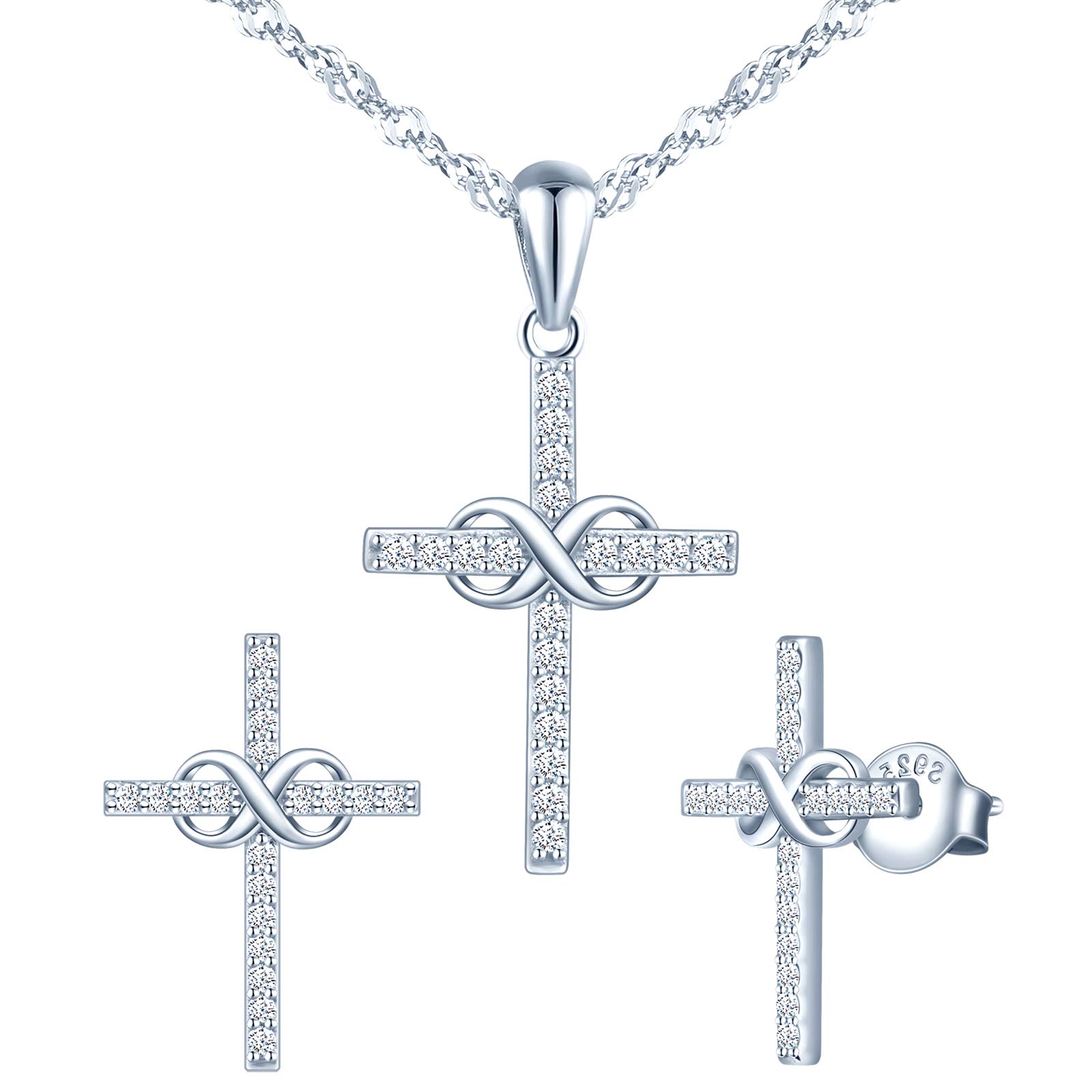 Yumilok Conjunto de joyas de collar y pendientes, collar colgante y pendientes con cruz y símbolo de infinito en plata 925, joyas para mujeres y niñas, incrustaciones de circón