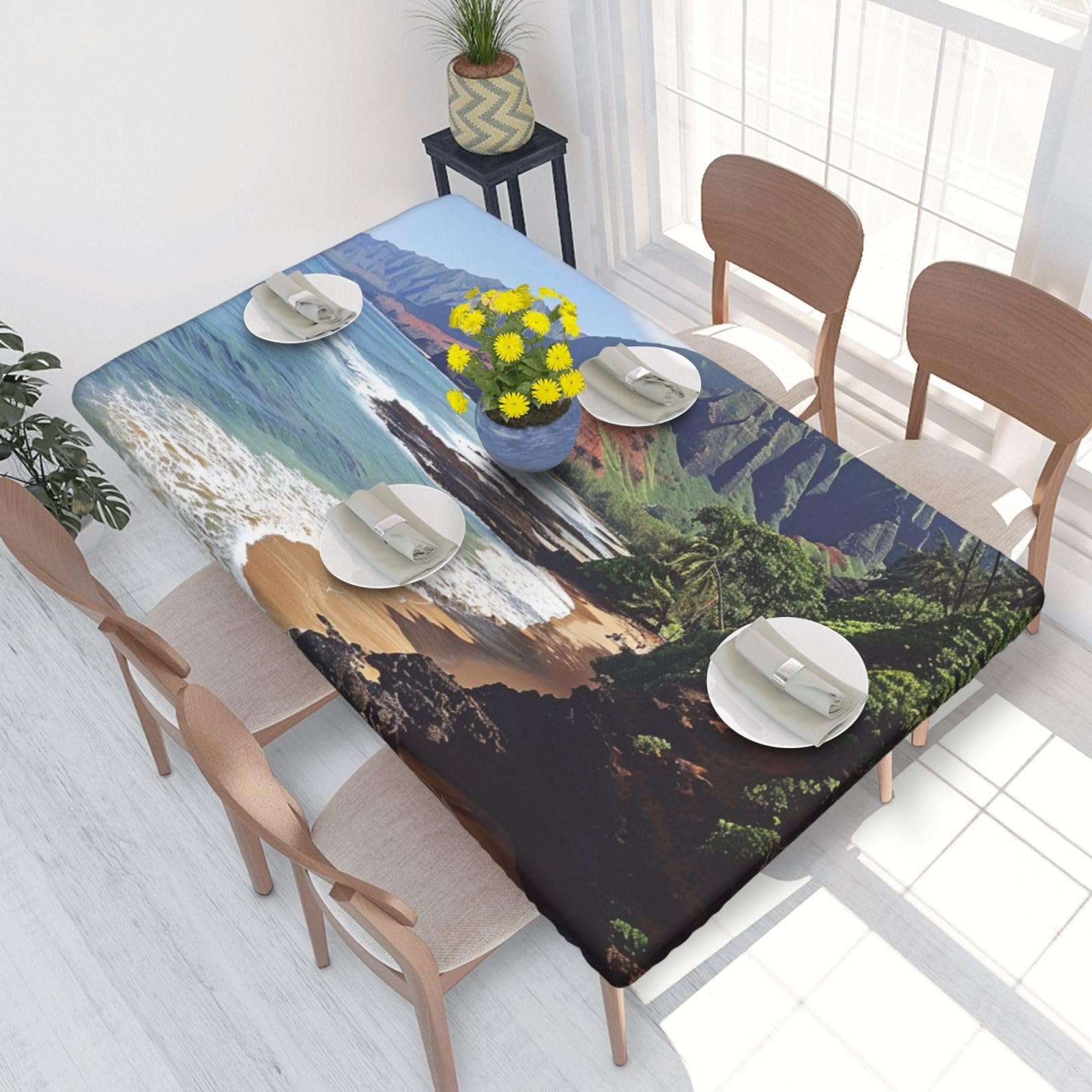 DCARSETCV Kauai Hawaii Seashore Printed 4FT Waterproof Tablecloth with Elastic Edged Protect & Decor Your Table, Oil-proof Washable Table Cloth Cover for Dinner Picnic Party
