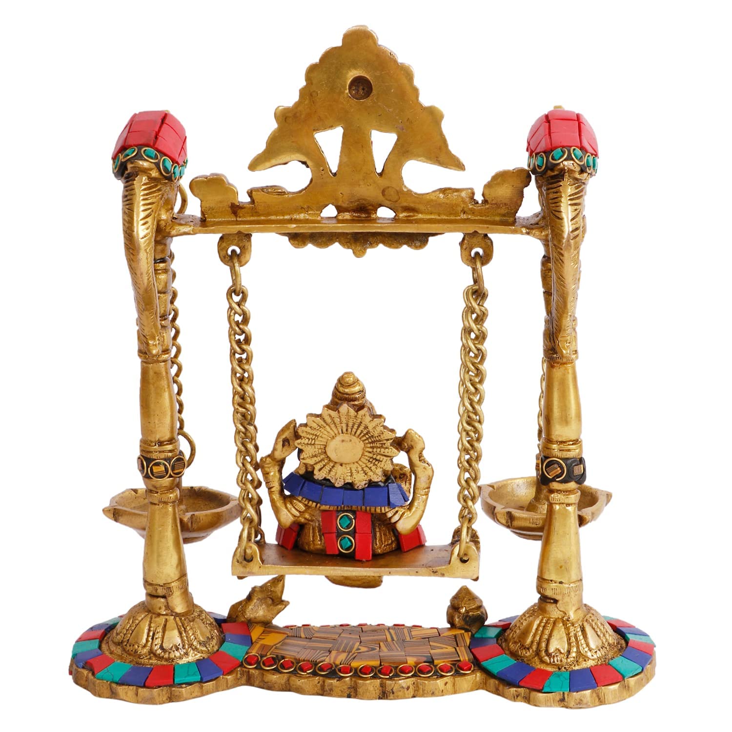 Kartique Brass Ganesh Bhagwan Jhula with Two Diyas Ganesha Idol Swing Ganpati Bappa Jhoola Murti for Home House Warming Mandir Office Decor Couple Gift Multicolored Stone Work - Image 5 thumbnail