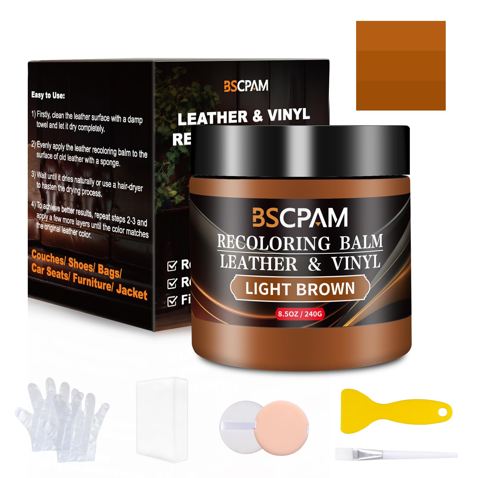 Light Brown Leather Recoloring Balm,8.5oz Leather Sofa Scratch/Stain Remover,Leather Repair kit for Vinyl Furniture and Car Interior,Leather Dye Paint for Scratched and Faded,Leather Color Restorer