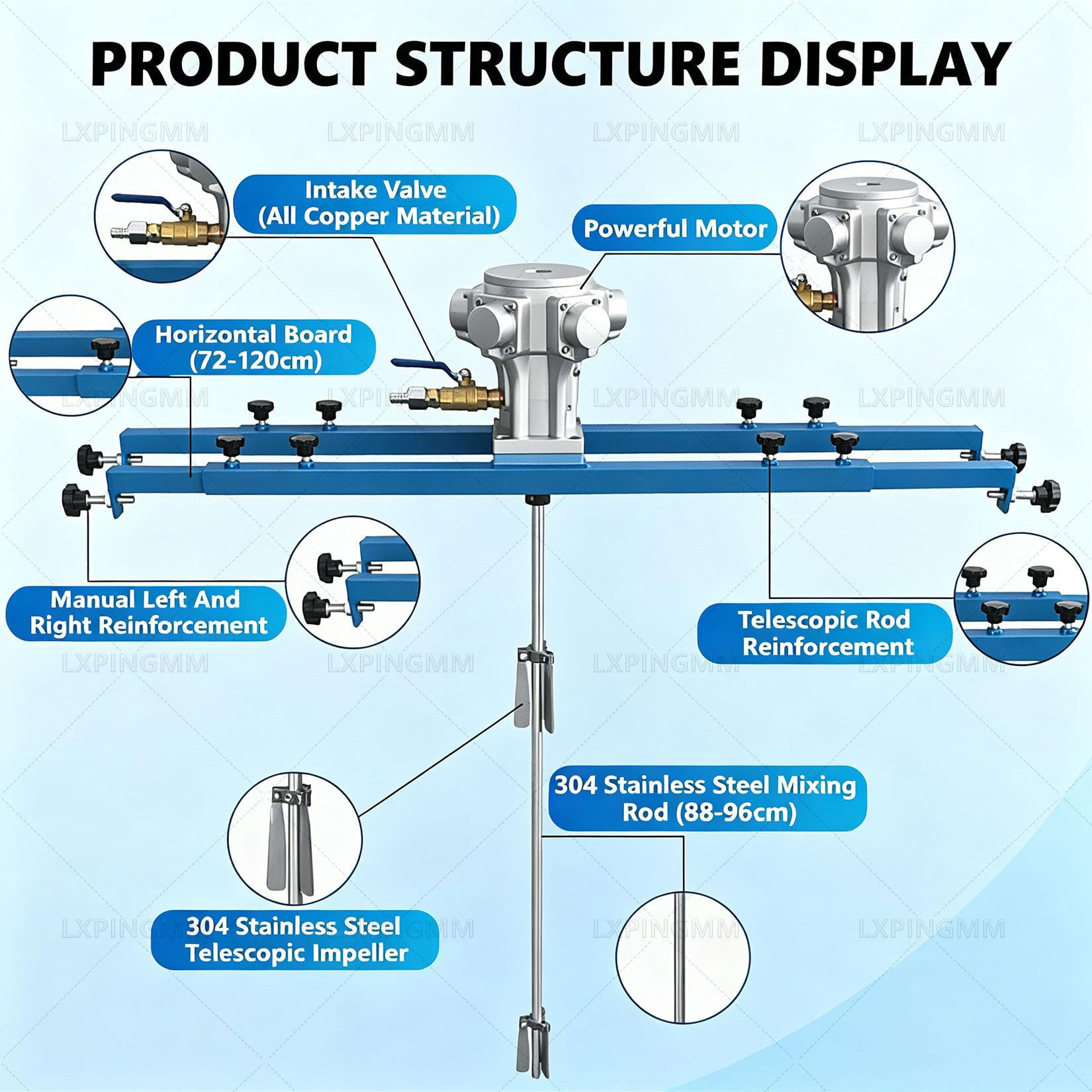 Agitador neumático para Tanques IBC,Mezclador neumático Industrial de 1000 L,con Barra Transversal Ajustable y Eje de Acero Inoxidable,para Pintura,recubrimientos A-3Cylinder