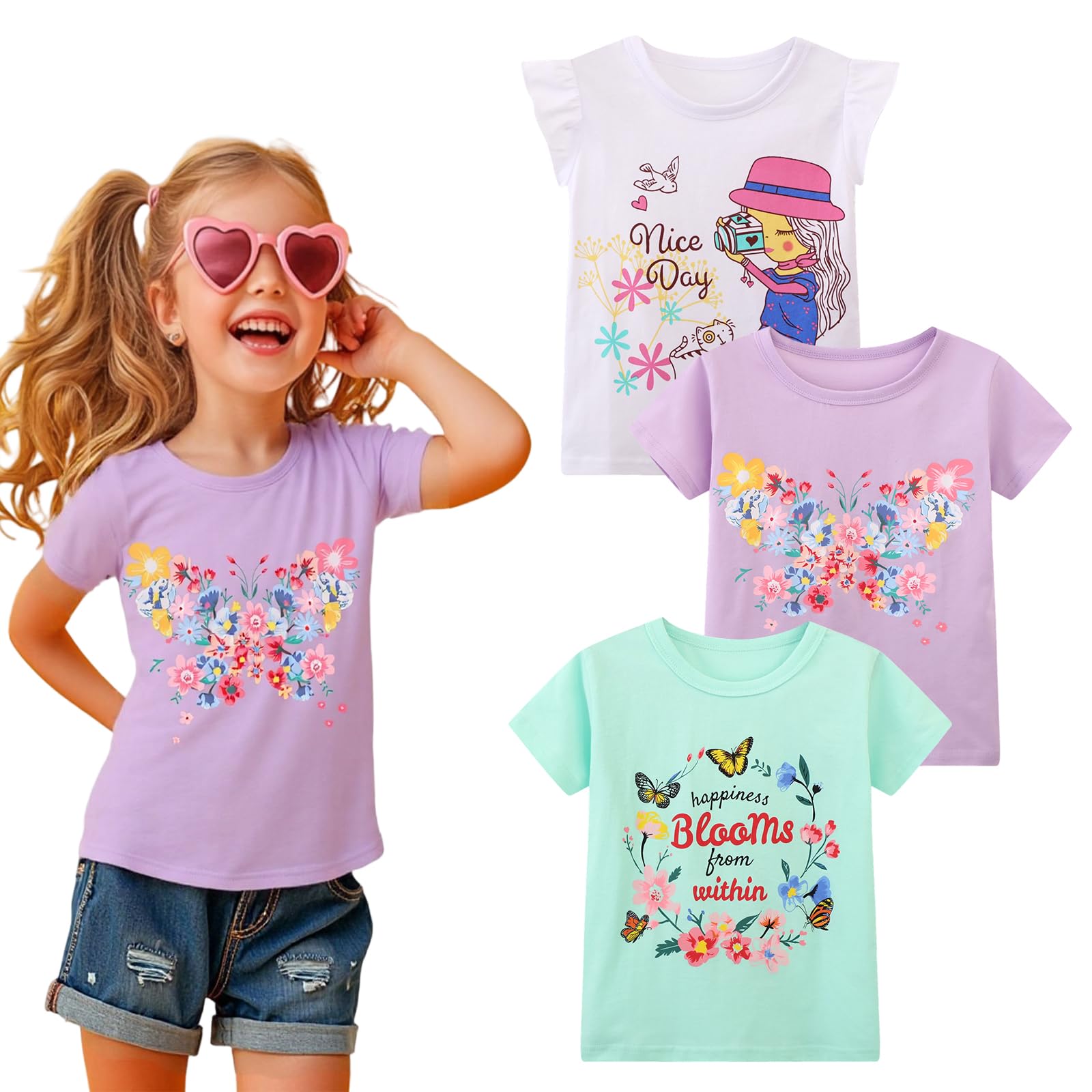 HILEELNAG Girls' Tees Short Sleeve Cotton Casual Graphic T-Shirts Easter Summer Tops 3Packs