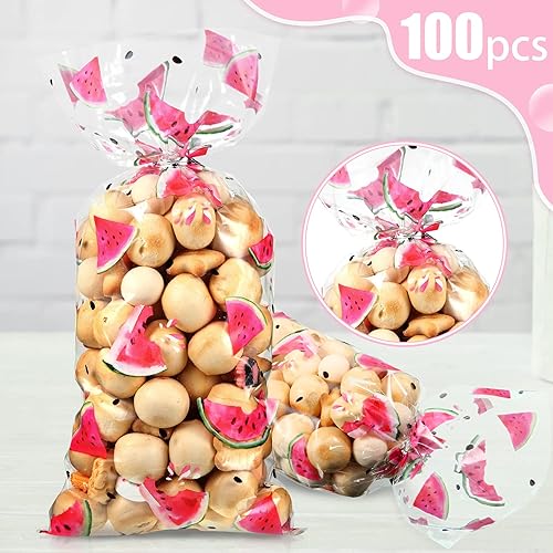 Miniatura 3 de 100 bolsas de golosinas de sandía de celofán, bolsas de dulces de verano, decoraciones de fiesta temáticas de sandía a granel con 100 lazos