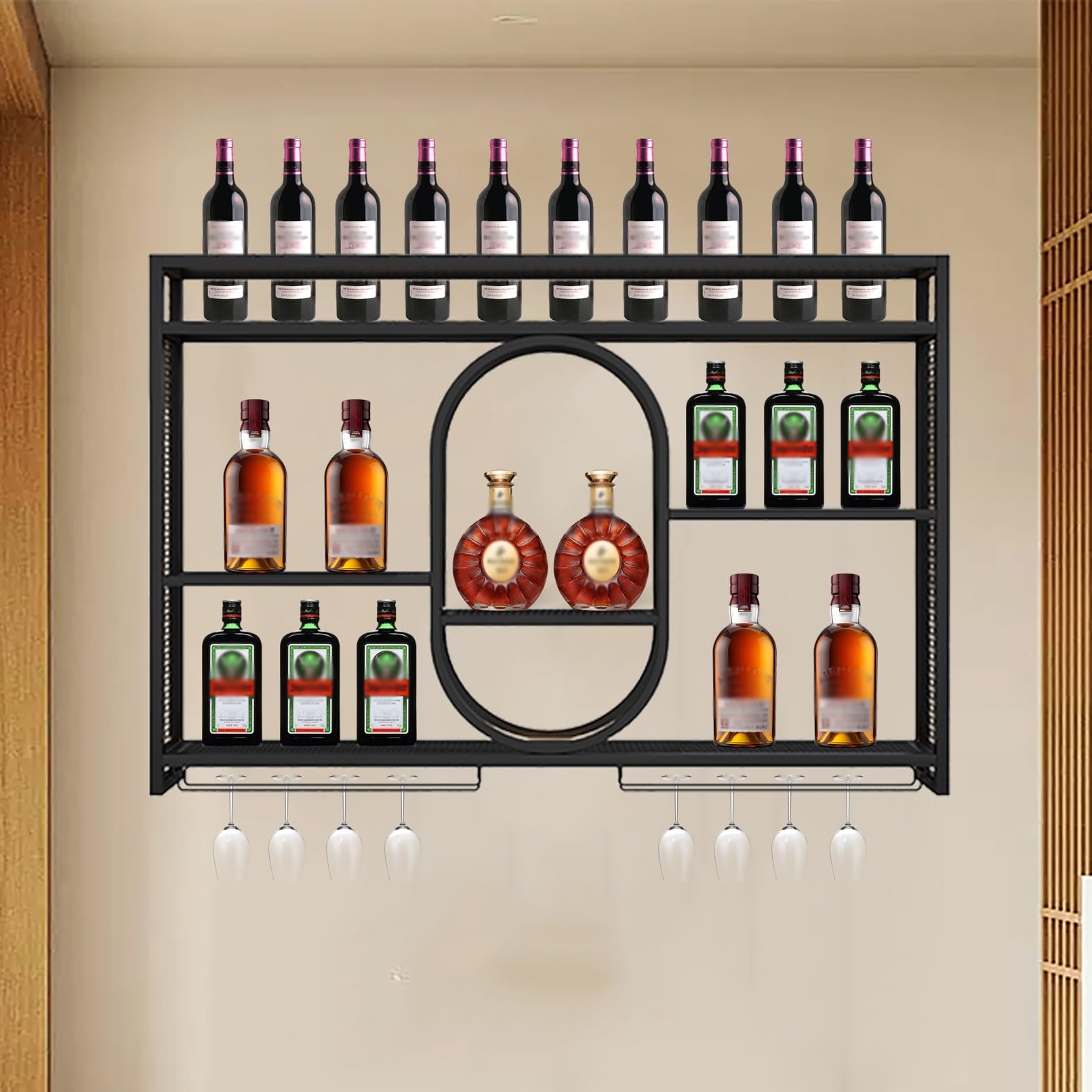 Présentoir à vin mural LED de luxe avec étagères métalliques flottantes et porte-verre suspendu