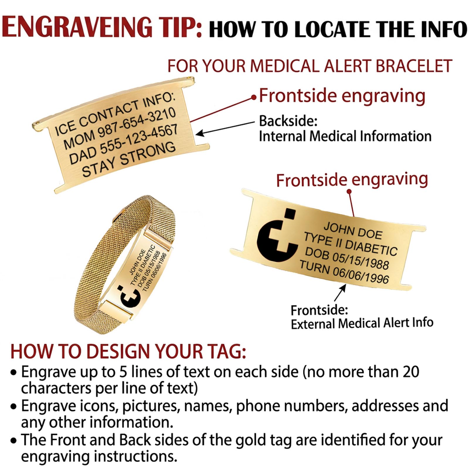 Solarix Personalisierte Medizinisches Notfall-Armband, graviert mit Name & Informationen, Edelstahl, Magnetverschluss, für Patienten, Diabetiker und Menschen mit Autismus - 5