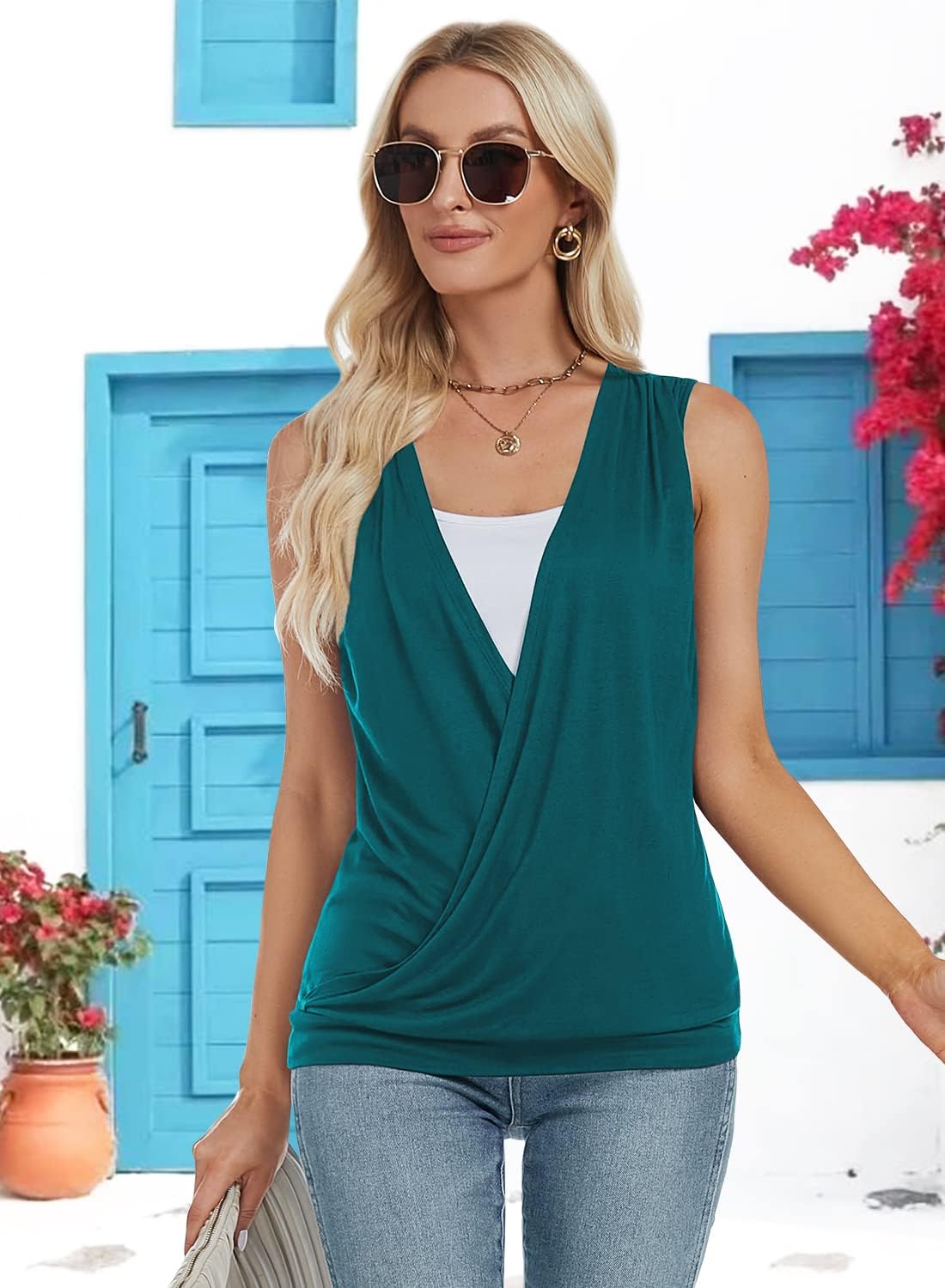 RANPHEE Womens Summer Casual Sleeveless Hide Belly Fat Banded Bottom Wrap Tops T-Shirts - Image 4