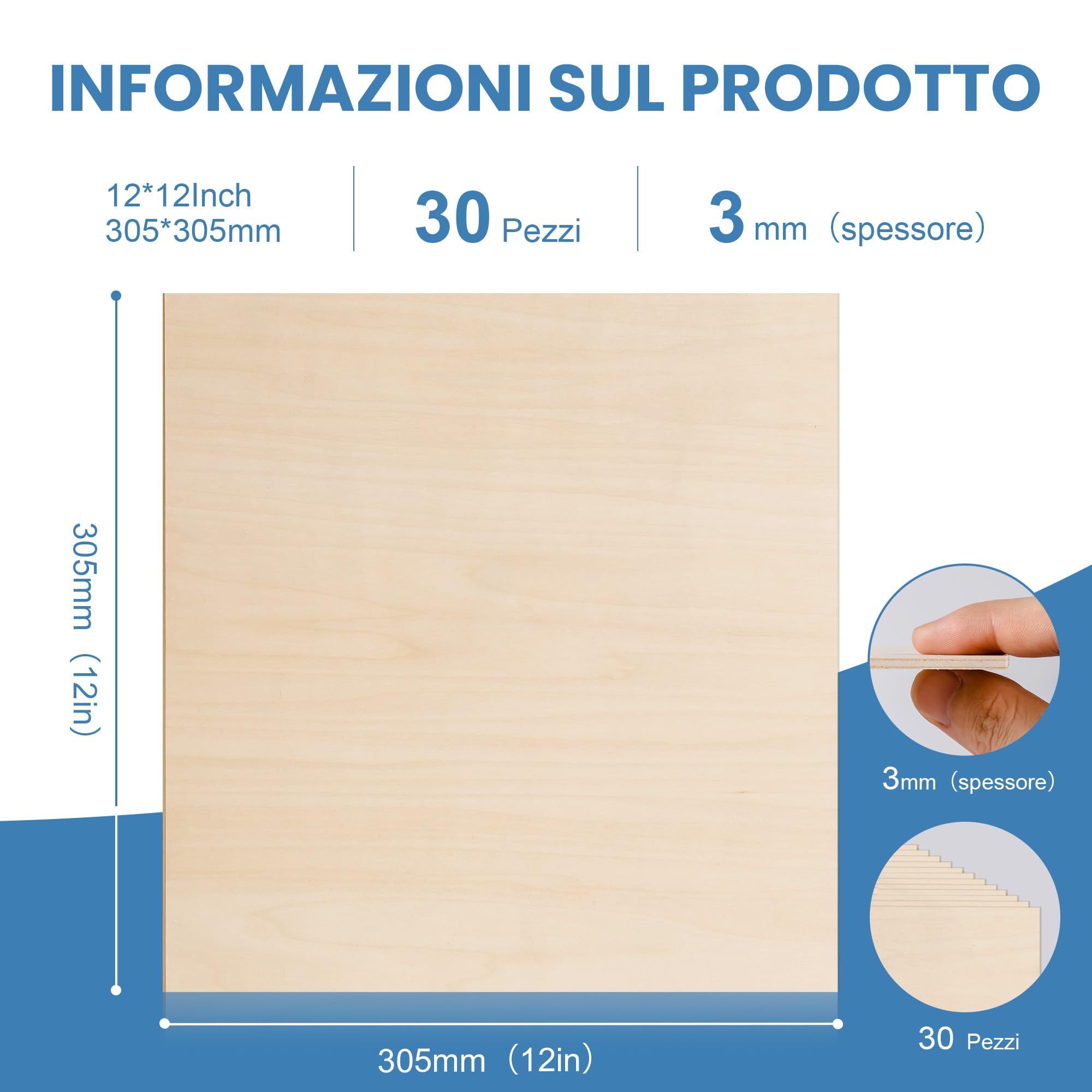 ROBOTIME Fogli di compensato di tiglio, 30 pezzi, 305 x 305 x 3 mm, tavole di legno non finite per artigianato, pittura, arte pirografica, decorazione della casa fai da te e kit di modellismo