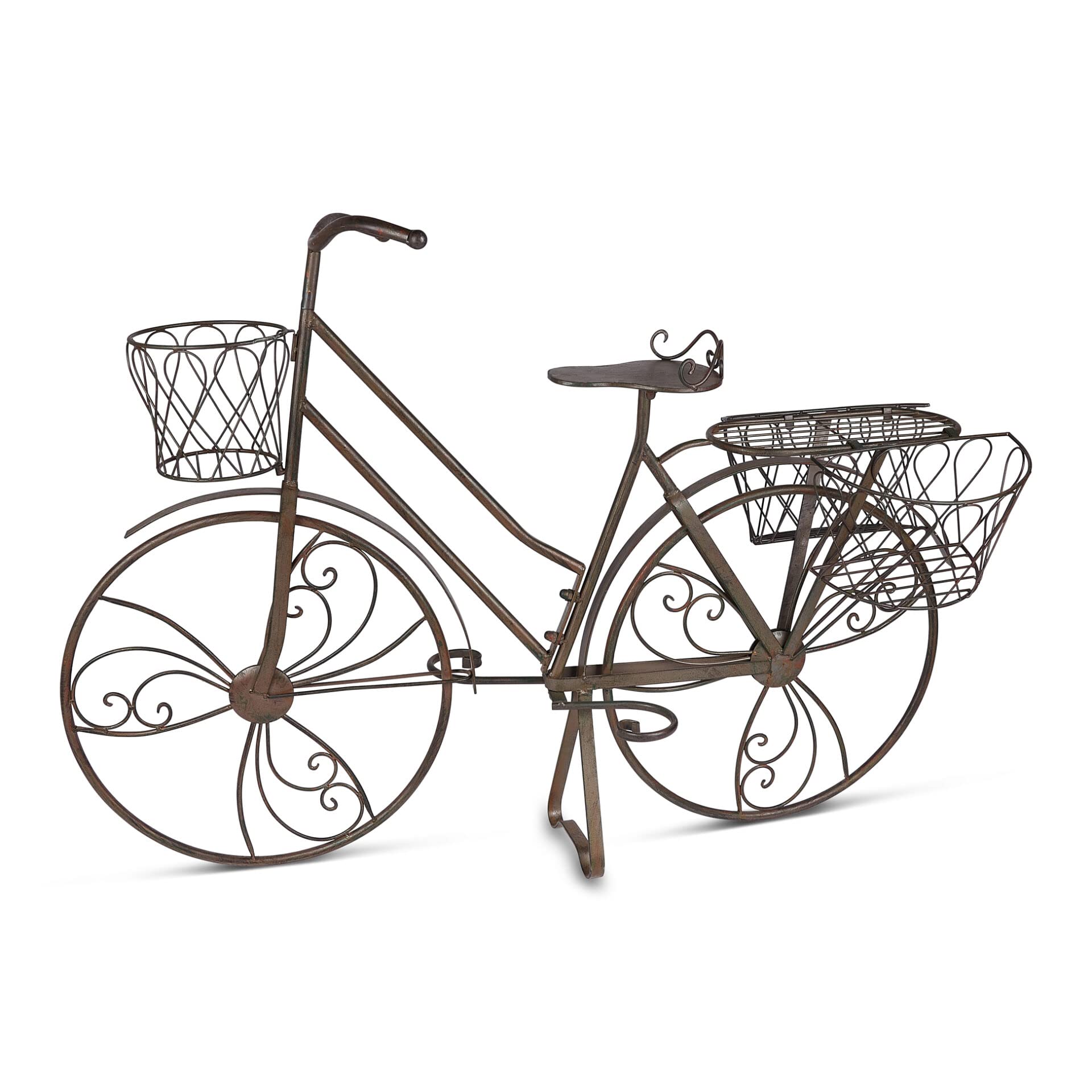 AuraHome Rustic Antique Brown Wrought Iron Outdoor Floor Standing Bike Shaped Planter Pot with 3 Baskets, 112cm x 80cm
