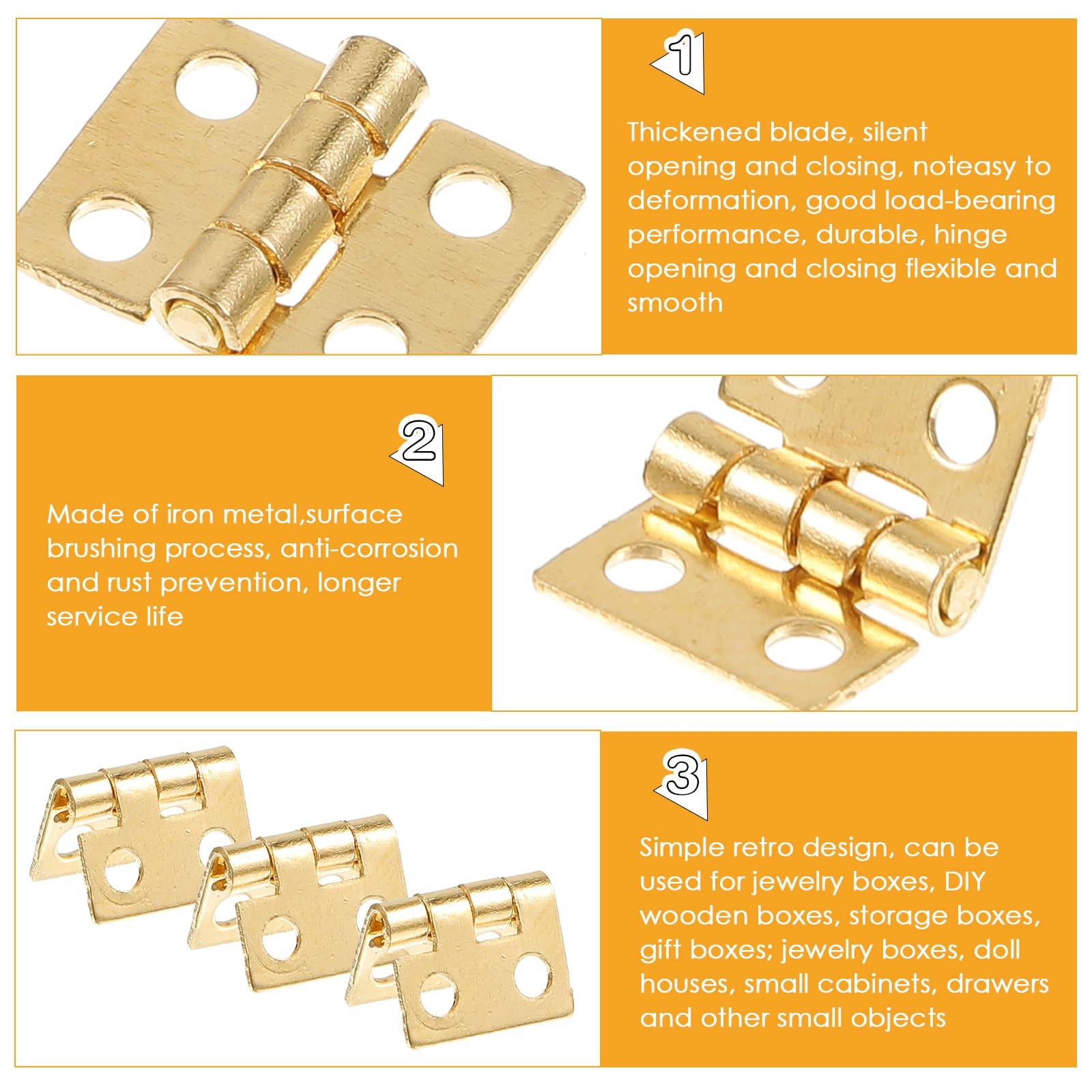 SynHHergyx 24Pcs 10 x 8mm Mini Dollhouse Hinges, 180 Degree Tiny Stainless Steel Gold Hinges for Miniature Furniture, Jewelry Box, DIY Accessories — Amazon image 3