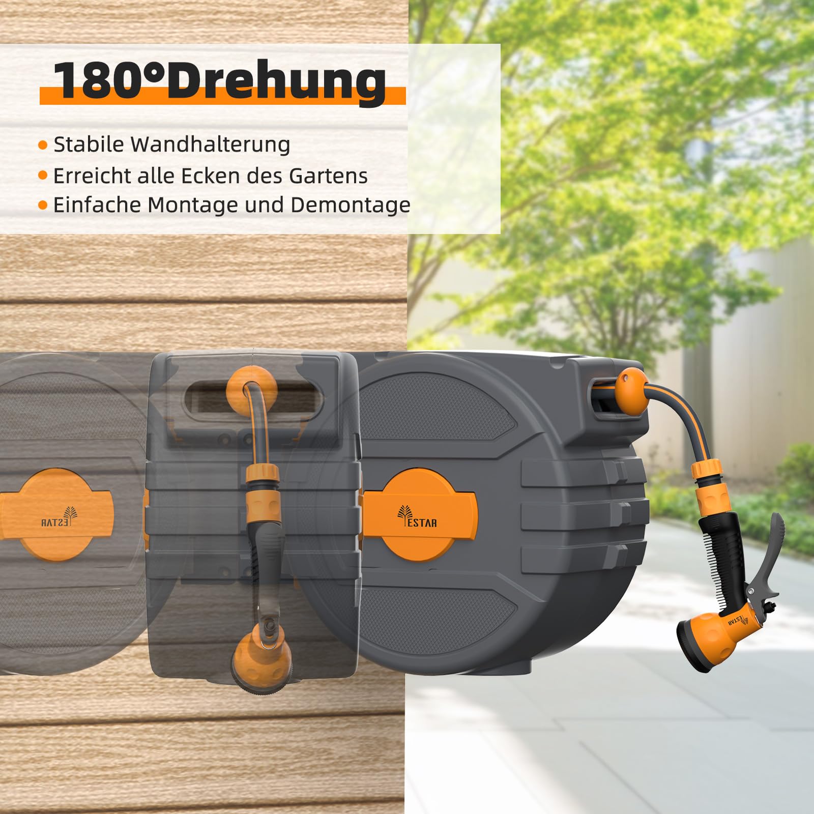 Schlauchtrommel 25m+2m, Schlauchaufroller mit Aufroll-Automatik & 180° Schwenkbar, Wand-Schlauchbox mit Arretierstop & 7 Muster Sprühdüse, für Gartenbewässerung & Autowäsche