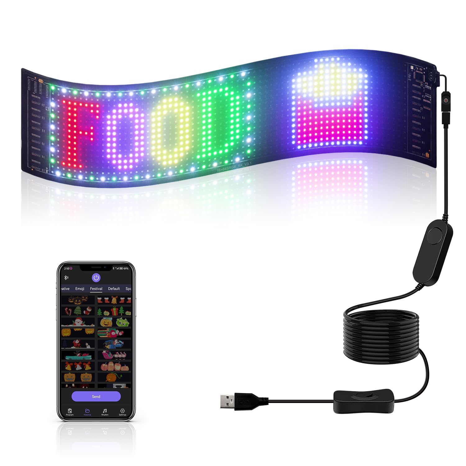 Programmable LED Sign High Bright Scrolling Signs USB 5V LED Matrix Panel Smart APP Control DIY Text Patterns Digital Sign for Car Window 15x4"