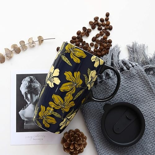 Miniatura 10 de TZSSP Taza de cerámica para café, taza de té de porcelana con tapa, 17 onzas, 2 unidades, azul y negro