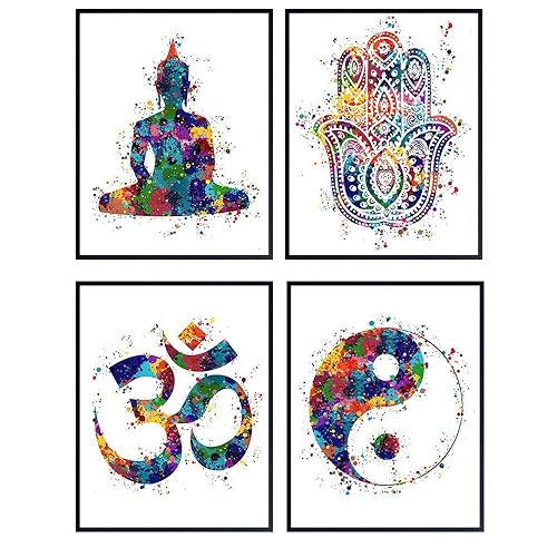 Miniatura 1 de Meditation Zen Wall Art Prints - Unframed Set Of 4 - Buddha, Yin Yang, Om And Hamsa Fatima Hand - Chic Home Decor - Great Gift For Yoga Fans  Ready