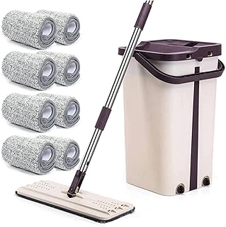 Lemengtree Mop and Bucket Set,Flat Mop and Bucket with Wringer Set,Mops for Floor Cleaning,8 Washable Microfiber Pads Included,Wet and Dry Use,Dust,Wall and Wood Floor Mops,Beige,Mop and Bucket-01