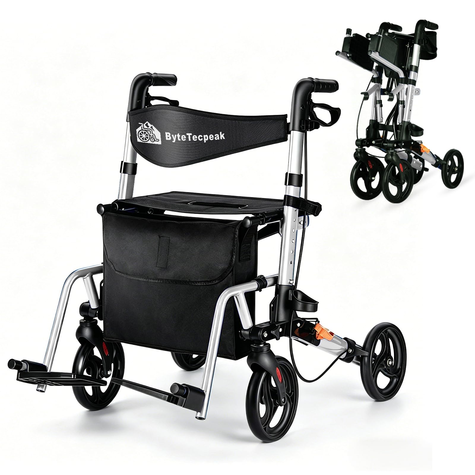 R3 Deambulatore leggero 2 in 1 e sedia a rotelle– Carrello pieghevole regolabile in altezza ed ergonomico, con funzione sedia a rotelle per interni ed esterni, con custodia (Argento)
