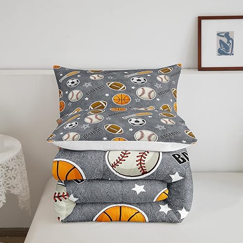Miniatura 5 de Juego de ropa de cama con temática de deportes de pelota para niños, tamaño individual, juego de edredón de béisbol, bate, fútbol americano y fútbol