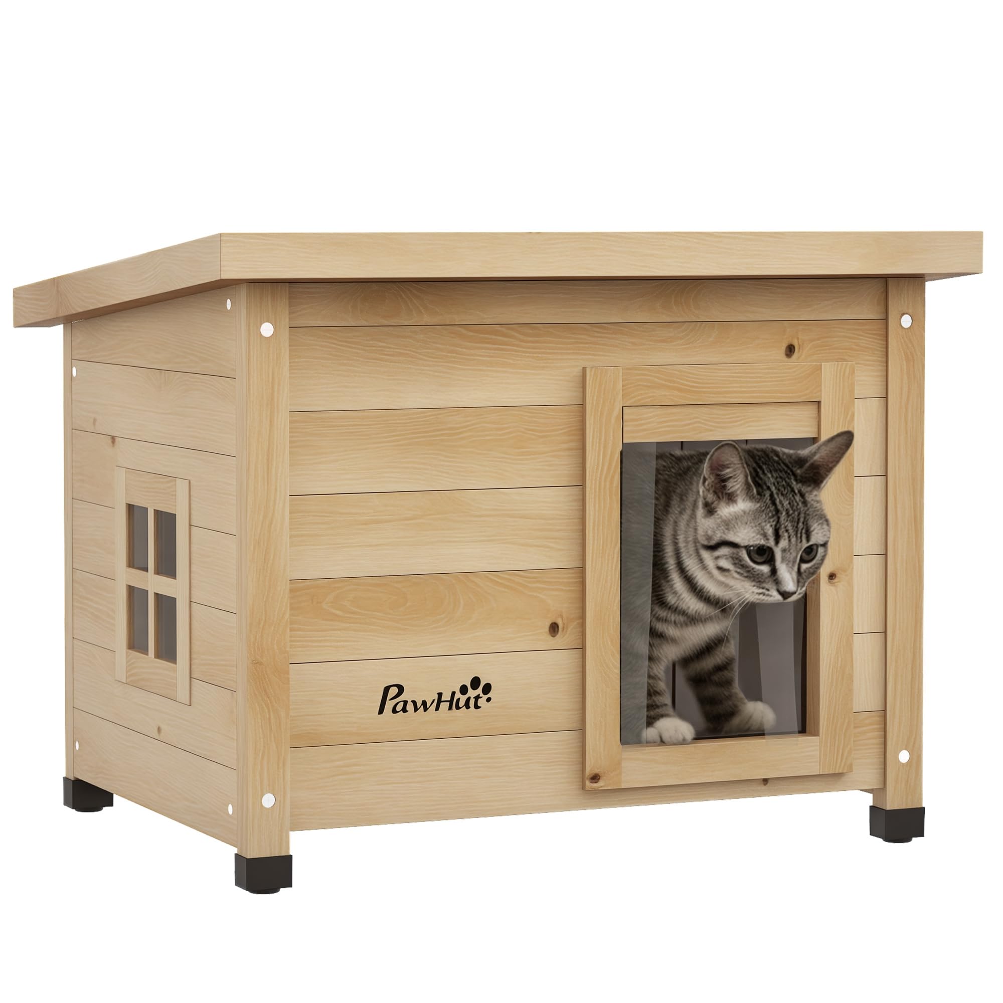 PawHut Maison pour Chats Niche d'extérieur en Bois surélevée avec Toit Asphalte, Porte avec Rideau, fenêtre, 57 x 45 x 43 cm Jaune