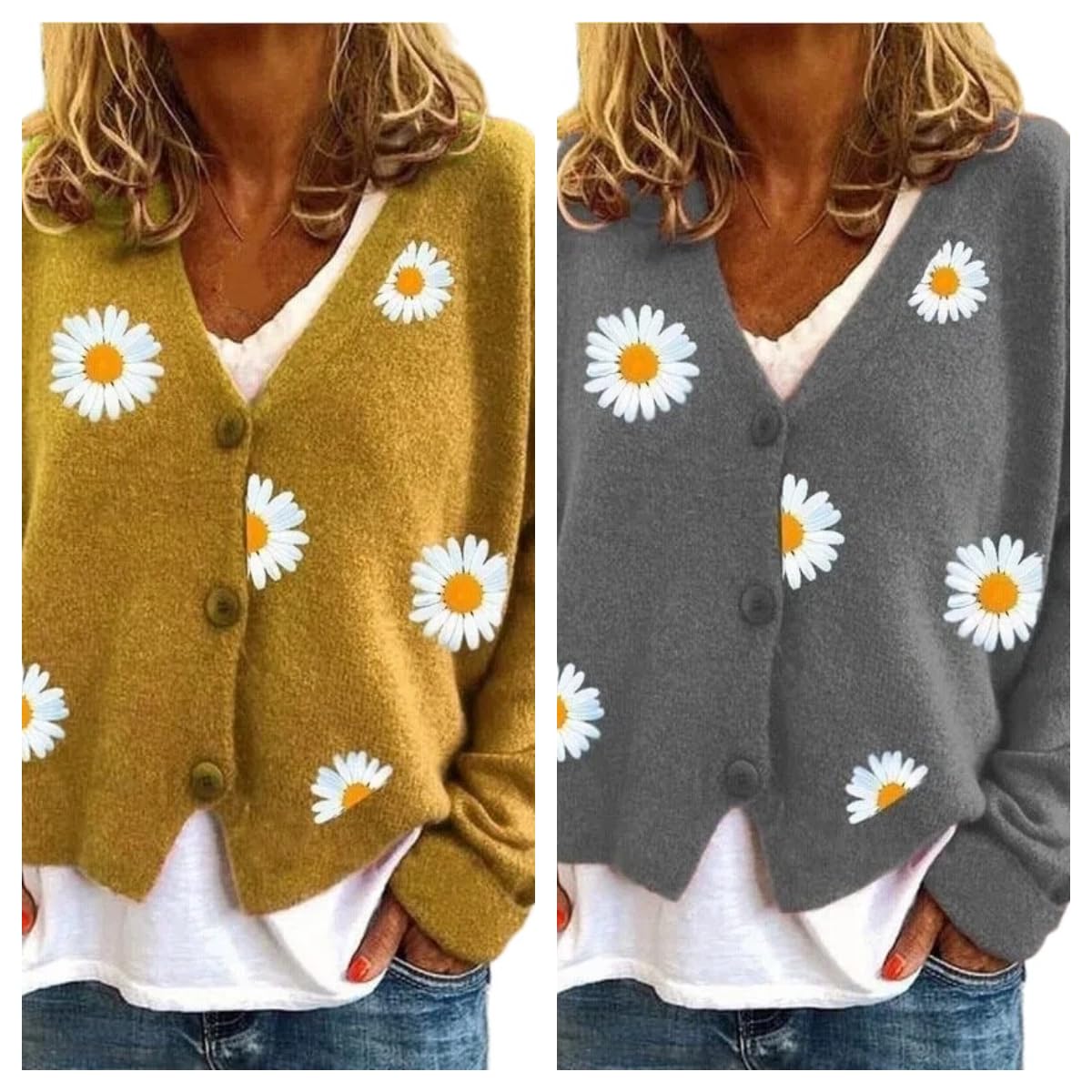 Cárdigan Mujercárdigan Corto De Punto Floral para Mujer, Manga Larga, Cierre De Botones En La Parte Delantera, Cuello En V, Ideal para Un Look Casual Y Coqueto con Margaritas, Otoño E I