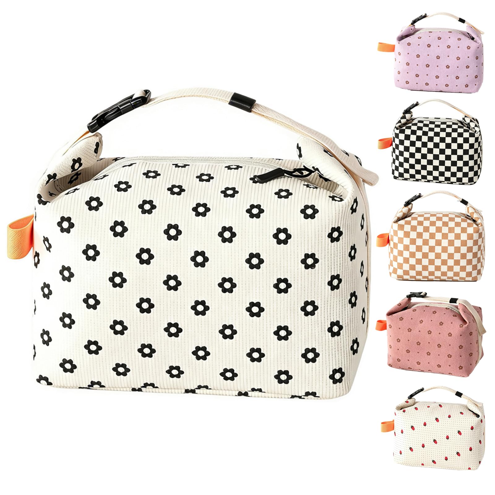 WUWYOUWL Corduroy Lunch Bag, Cute Carton Insulated Lunch Box, Reusable Lunch Cooler Bags Waterproof Lunchbag Foldable Lunch Bag for Women, Men, Kids and Students Travel Picnic School (White)