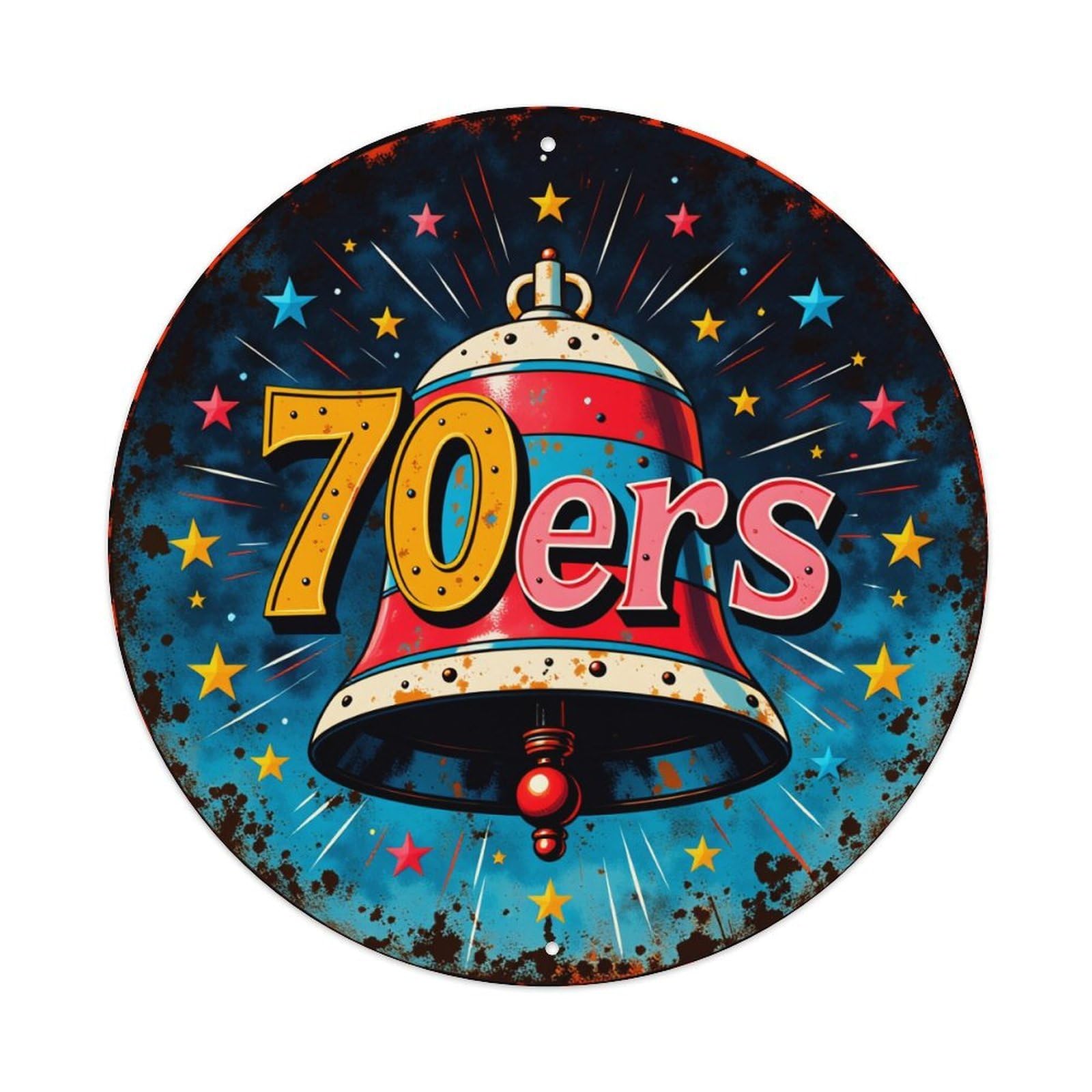 Lzwbntey Vintage Bell Stars Numbers Colorful Pattern Metal Tin Sign Retro Wall Decor For Home Bar Garage Cafe, Indoor & Outdoor Decorative，Circle Metal Poster, 8X8 Inch