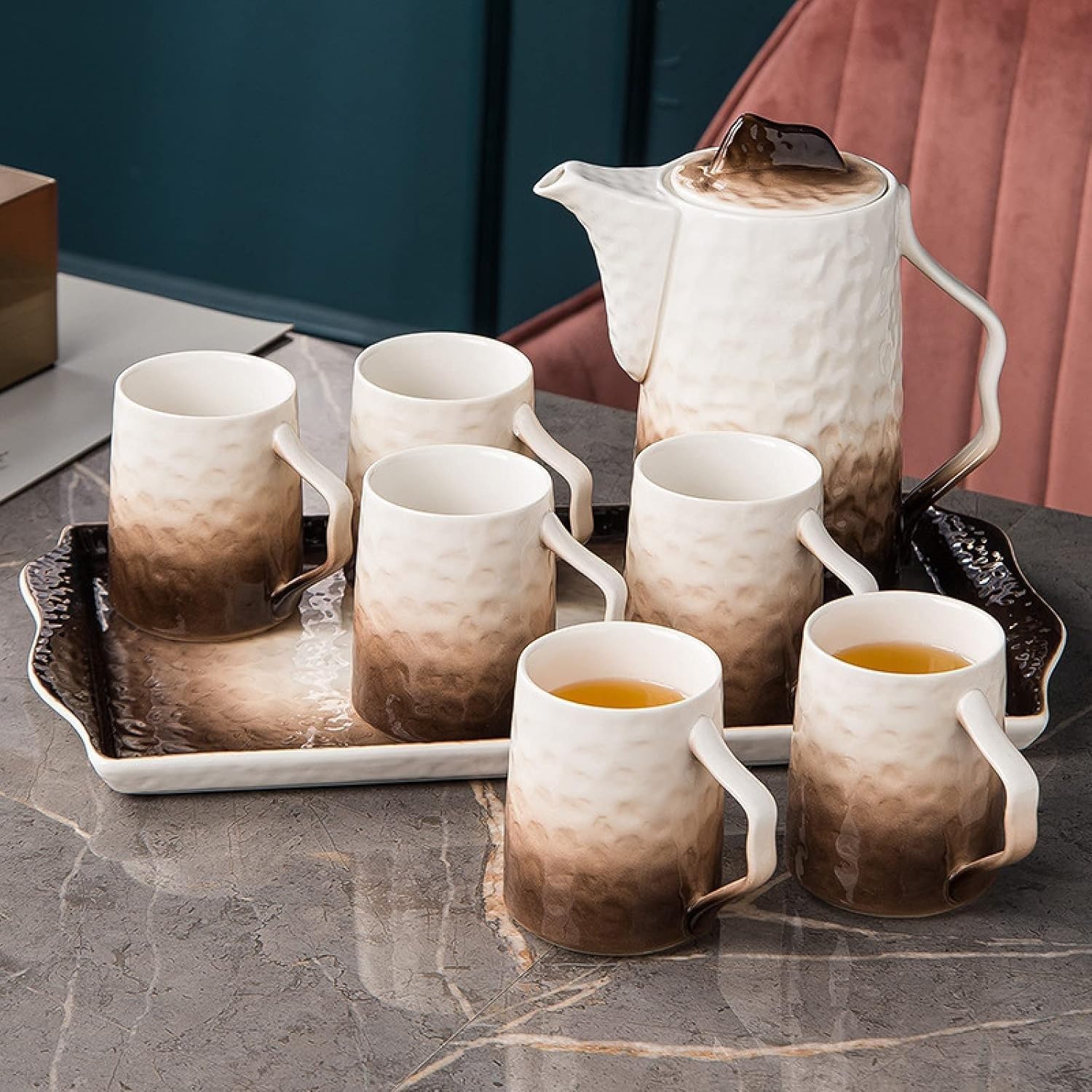 Zestaw filiżanek do espresso, kubki do kawy, herbata porcelanowa dla dorosłych 1 czajniczek 6 Nordic Service dla osób do użytku domowego i biurowego Prezent(Brown)