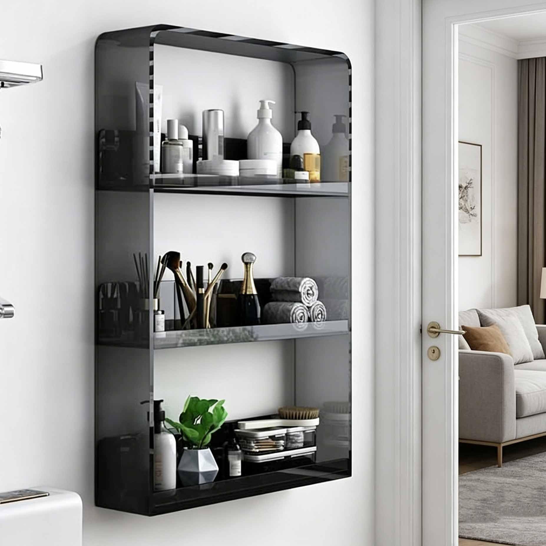 Asiwnshw 3-Tier Acrylic Display Shelf Wall Mounted, Acrylic Invisible Floating Shelves, Nail Polish Rack for Apartment, Bathroom, Living Room and Bedroom(Black)