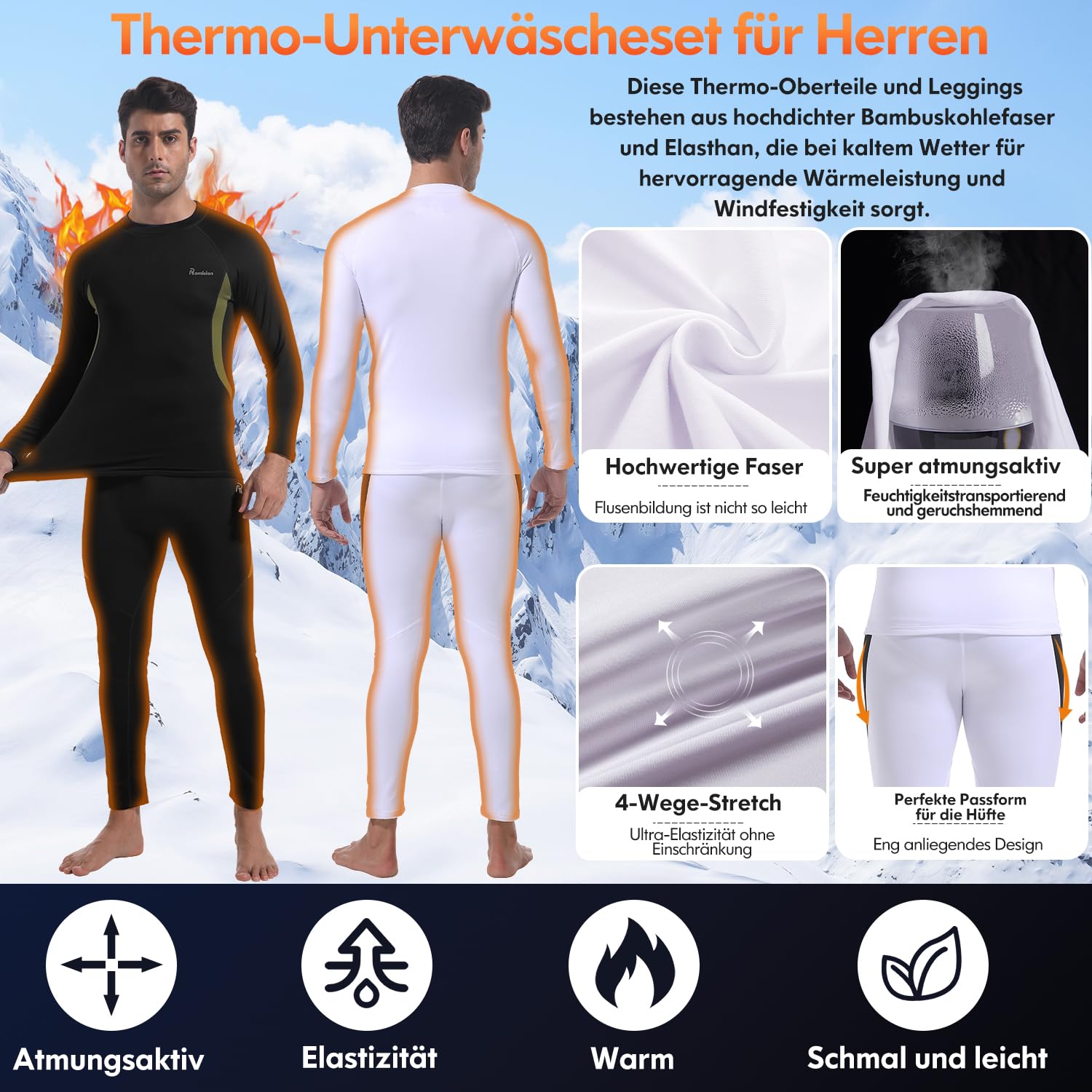 romision 2 Pack Thermounterwäsche Herren Funktionsunterwäsche Herren Skiunterwäsche Weich Thermo Unterwäsche Set