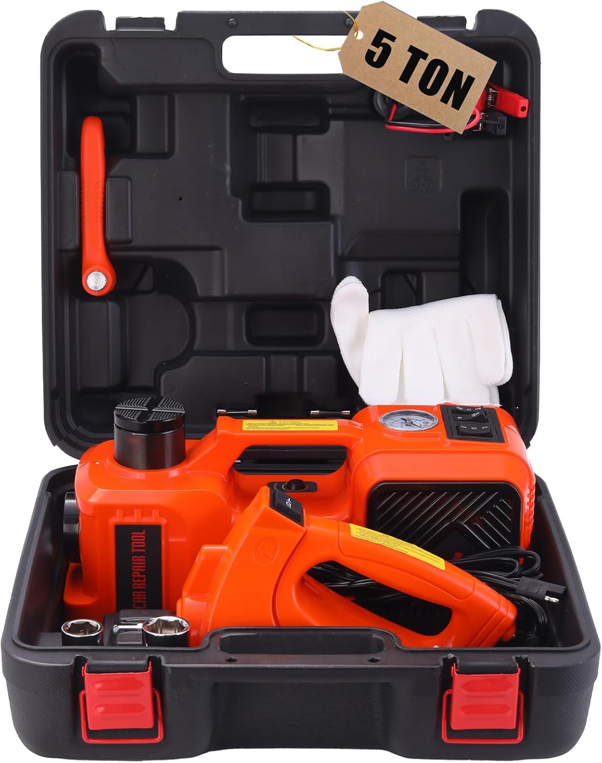 ROGTZ Electric Hydraulic Car Jack Kit with Impact Wrench and Tire Inflator Pump, 5 Ton 12V Hydraulic Jack for SUV Sedans Tire Change with LED Light Orange+Wrench