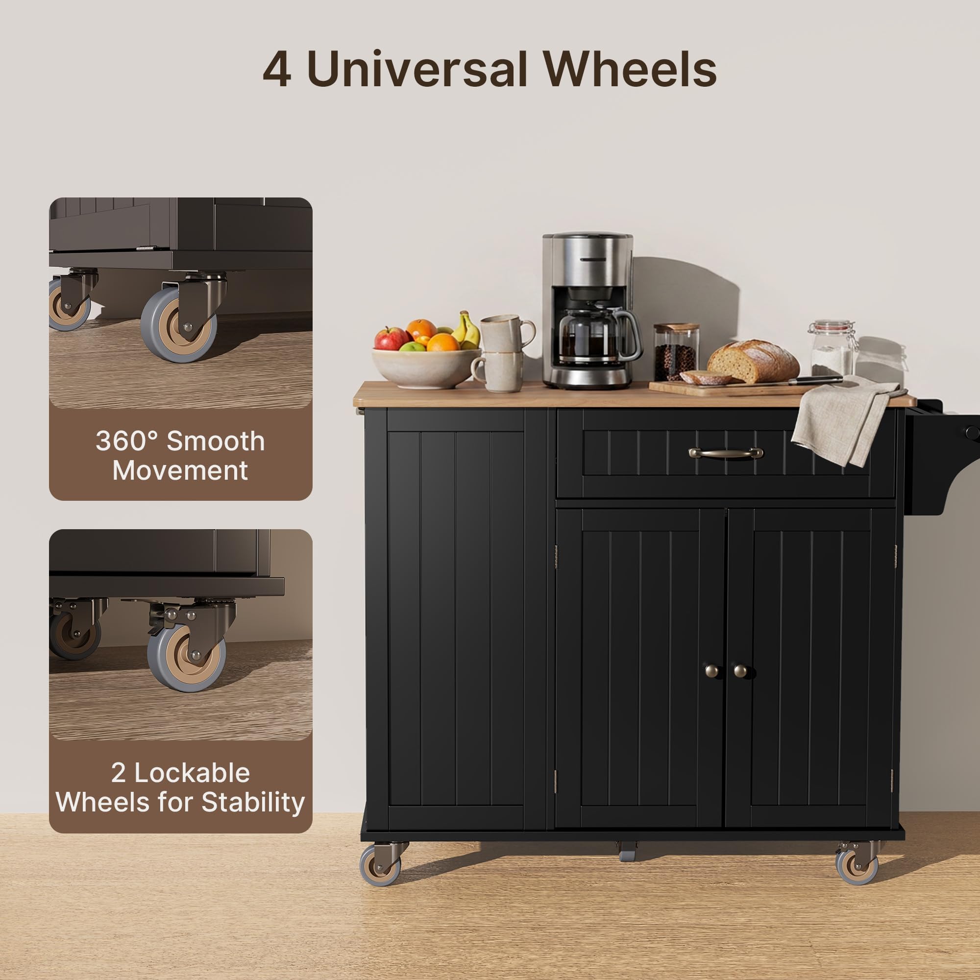 Xbro Îlot de Cuisine avec Emplacement pour Poubelle, Îlot de Cuisine sur roulettes, Meuble de Cuisine avec Plan de Travail Rabattable, Porte-Couteaux, Porte-Serviettes, 113 x 51 x 90 cm, Noir