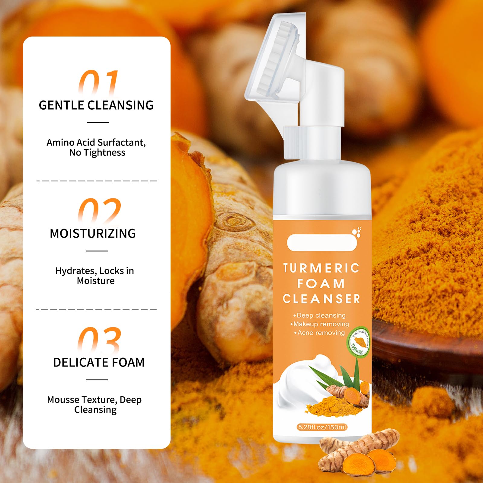 Jabón facial de cúrcuma con cepillo: limpiador suave en espuma para limpieza profunda, nutritiva e hidratación, adecuado para todo tipo de piel 2