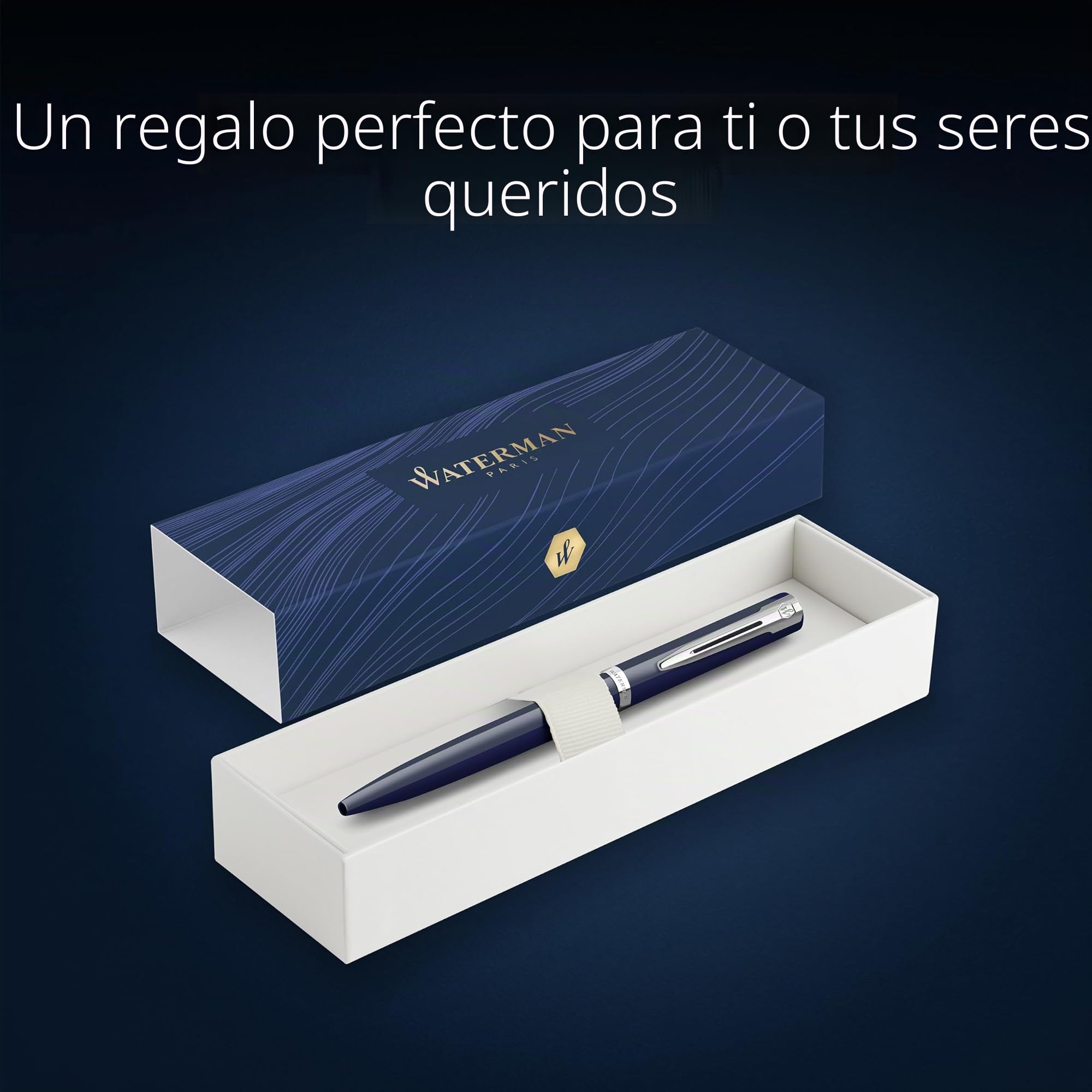 Waterman Impression Bolígrafo | Punta media con recarga de tinta azul | Laca azul con adornos chapados en paladio | Caja de regalo