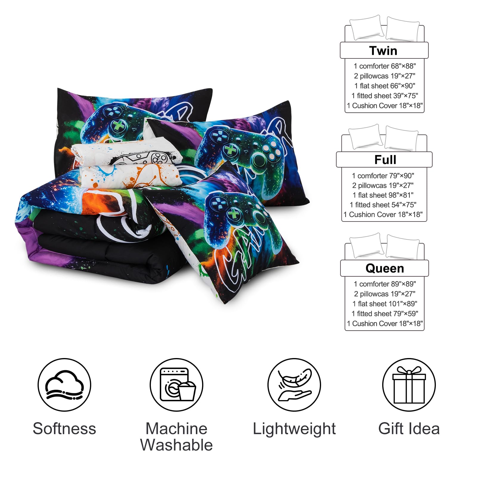 Aimuan Set di biancheria da letto per videogiochi, con controller 3D, per ragazzi, console di gioco, pulsanti d'azione, novità colorata, decorazione moderna per la stanza (nero-verde, doppio, 6 pezzi