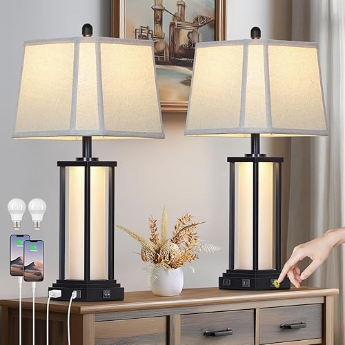 27" Tall Vintage Table Lamp Set of 2 with USB C+A & Outlet,Black Industrial End Table Lamp for Living Room,Farmhouse Rustic Bedside Lamps with Bell