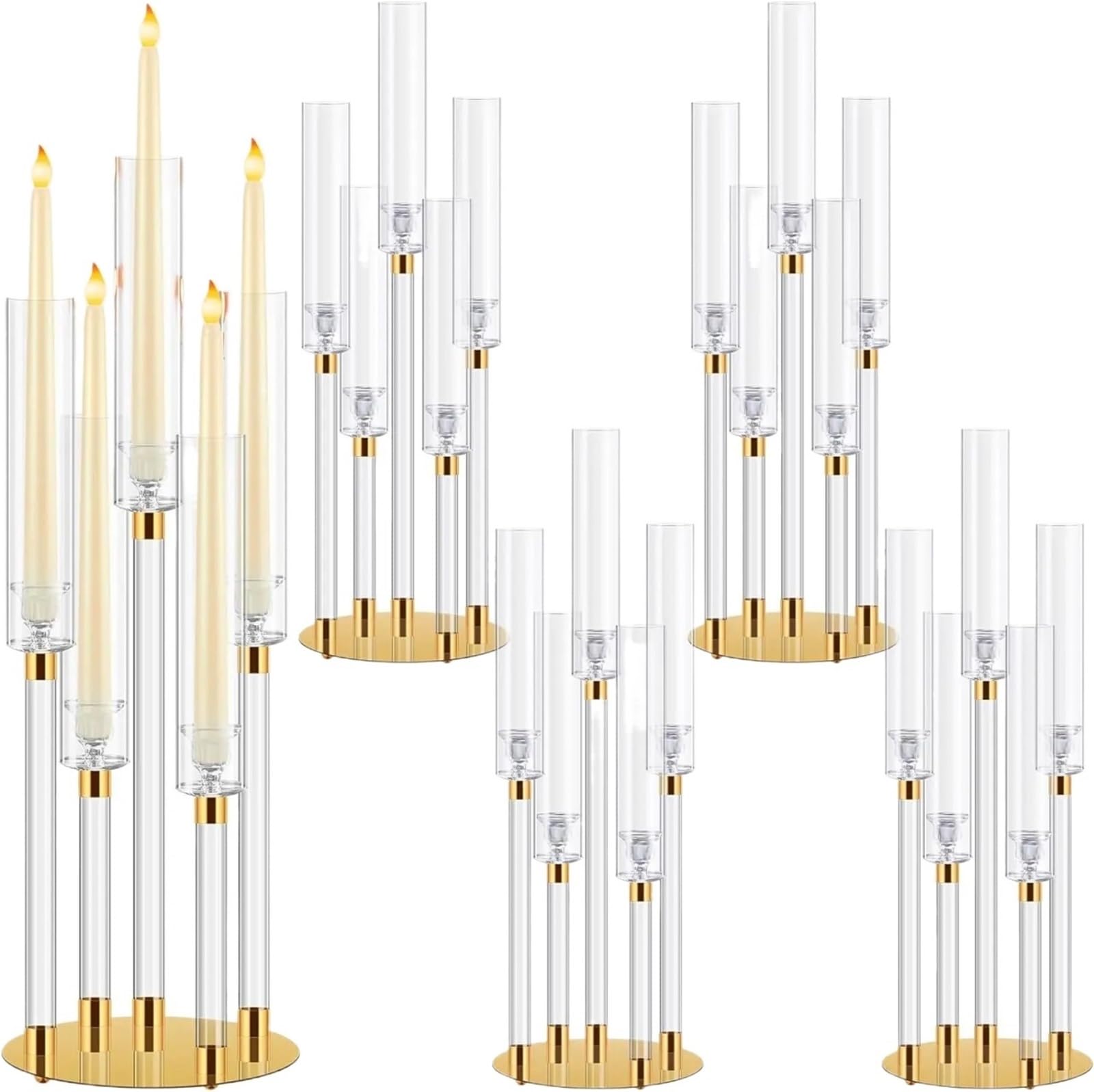 Portavelas Candelabros de Mesa Transparentes de Cristal de 5 Brazos con Pantalla