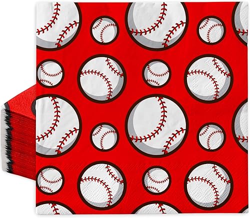 Paquete de 80 servilletas de papel de béisbol desechables de 6.5 x 6.5 pulgadas, servilletas de almuerzo de béisbol rojas y blancas decorativas para