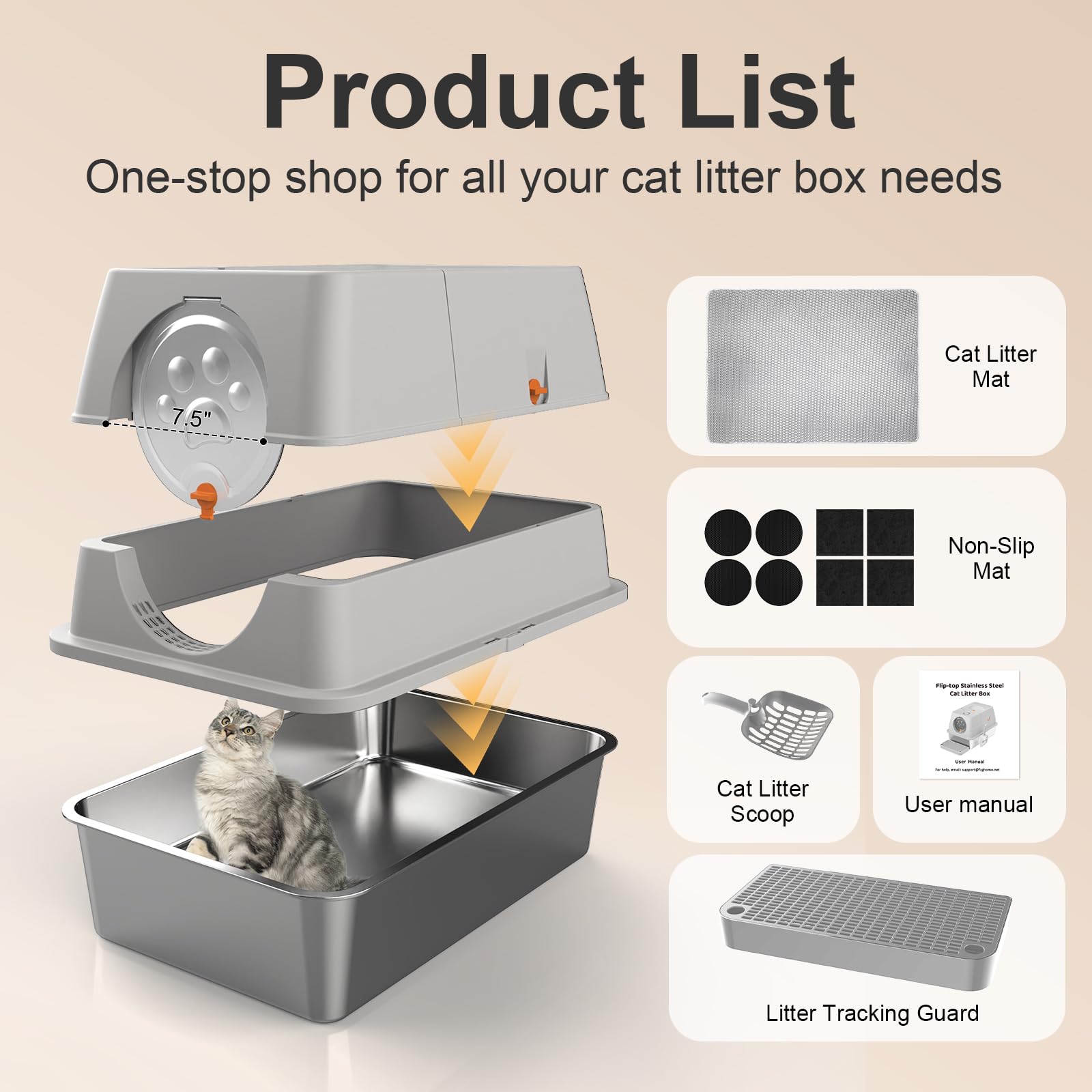 Stainless Steel Litter Box with Lid, XL Extra Large Litter Box, Enclosed Top Entry Metal Litterbox for Big Cats, Easy Cleaning, Anti-Leakage & High Sided with Mat, Aisle & Scoop, Light Grey - image 6