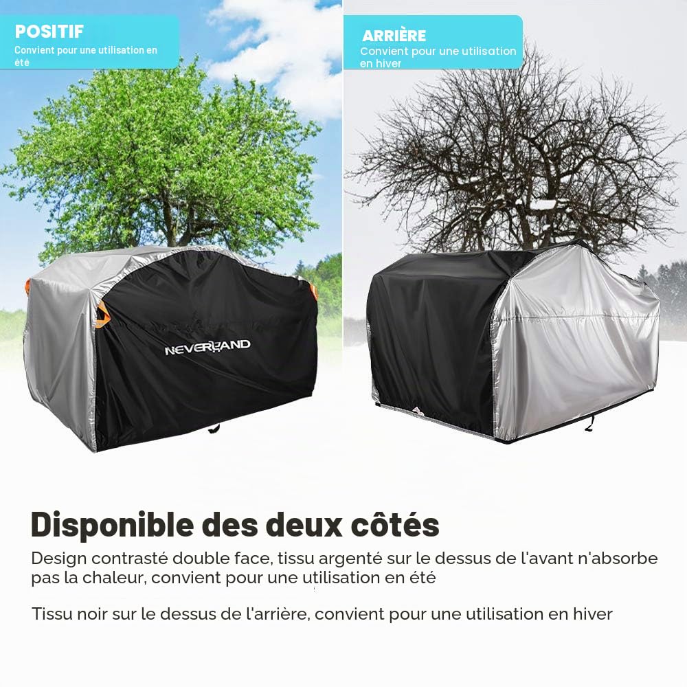 NEVERLAND Housse Quad Imperméable Exterieur Bache Quad Double Face Disponible avec Bandes Réfléchissantes Imperméable Coupe-Vent Anti-UV Noir Argent 256 * 110 * 120cm | Bâche Quad Deux Faces Disponibles Contre la Neige Pluie UV Poussière Extérieur