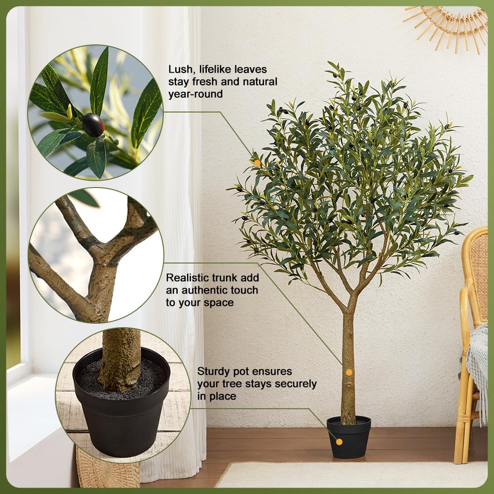 VeriNatural Künstlicher Olivenbaum 150 cm mit 1283 Blättern und 58 Oliven | UV-beständig, flexibel formbare Zweige, schwarzer Innentopf für Wohnzimmer, Büro, Bad und geschützte Außenbereiche
