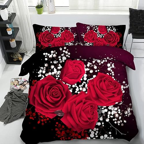 EsyDream Juego de ropa de cama de 5 piezas con rosa roja aceitada 3D, juego de funda de edredón floral para niñas, mujeres, parejas, amantes, funda