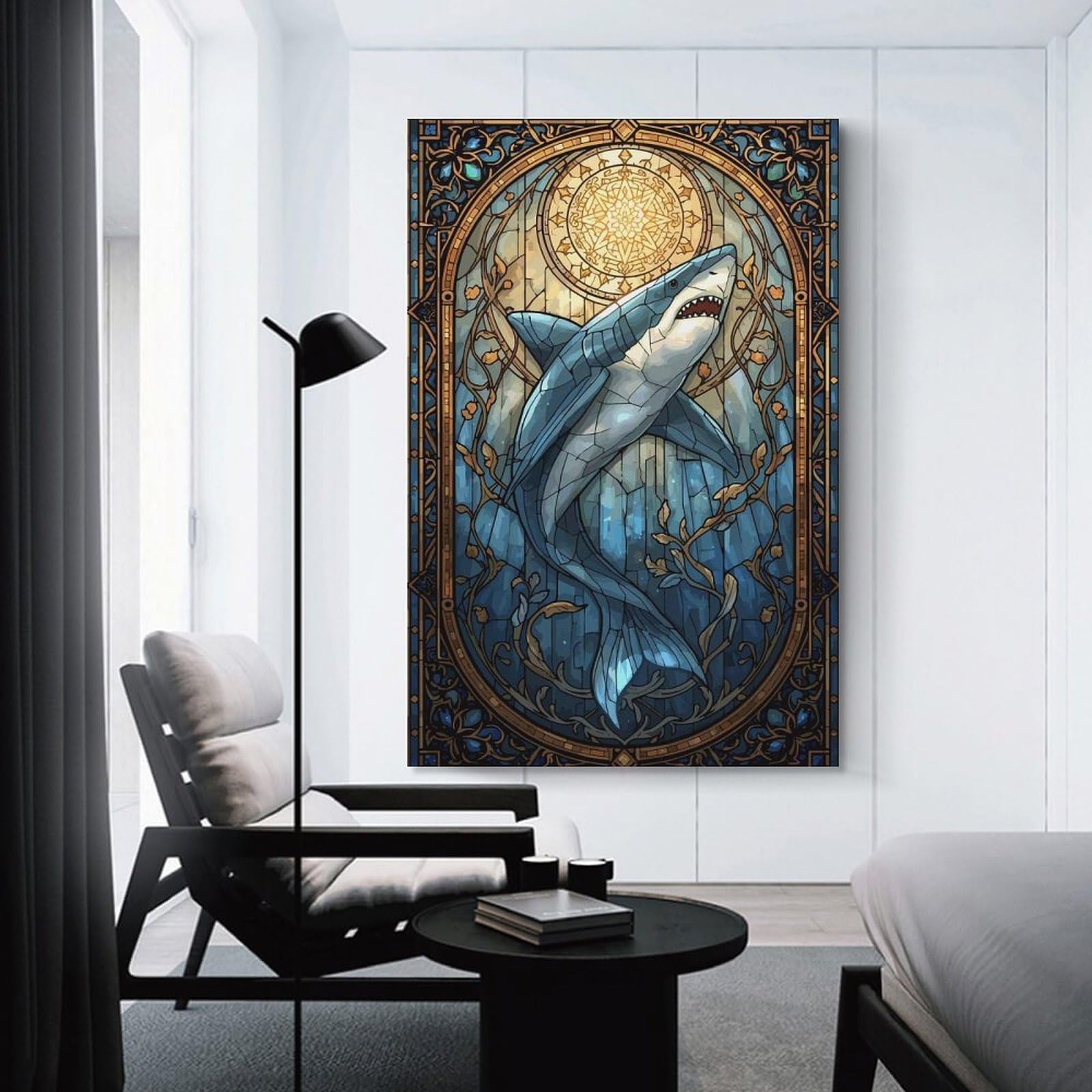 Junmoney Unframe-Style-9 Shark Stained Glass Room Decor Wall Art 08X12inch(20X30cm), For Lounge Decor, Offices Or Entryway Styling, A Flexible Wall Accent For Shared Spaces