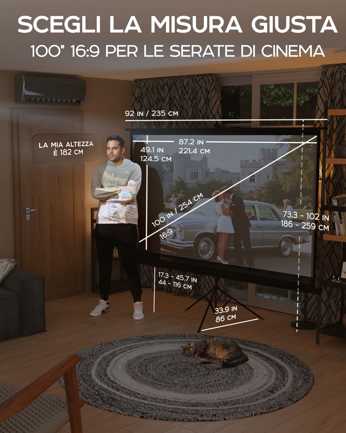 Telo Proiettore 100 Pollici - Porta il Cinema a Casa Tua con Questo Schermo per Proiettore da 16:9 Privo di Pieghe - Telo per Proiettore Portatile per Interni ed Esterni - Con Borsa e Treppiede
